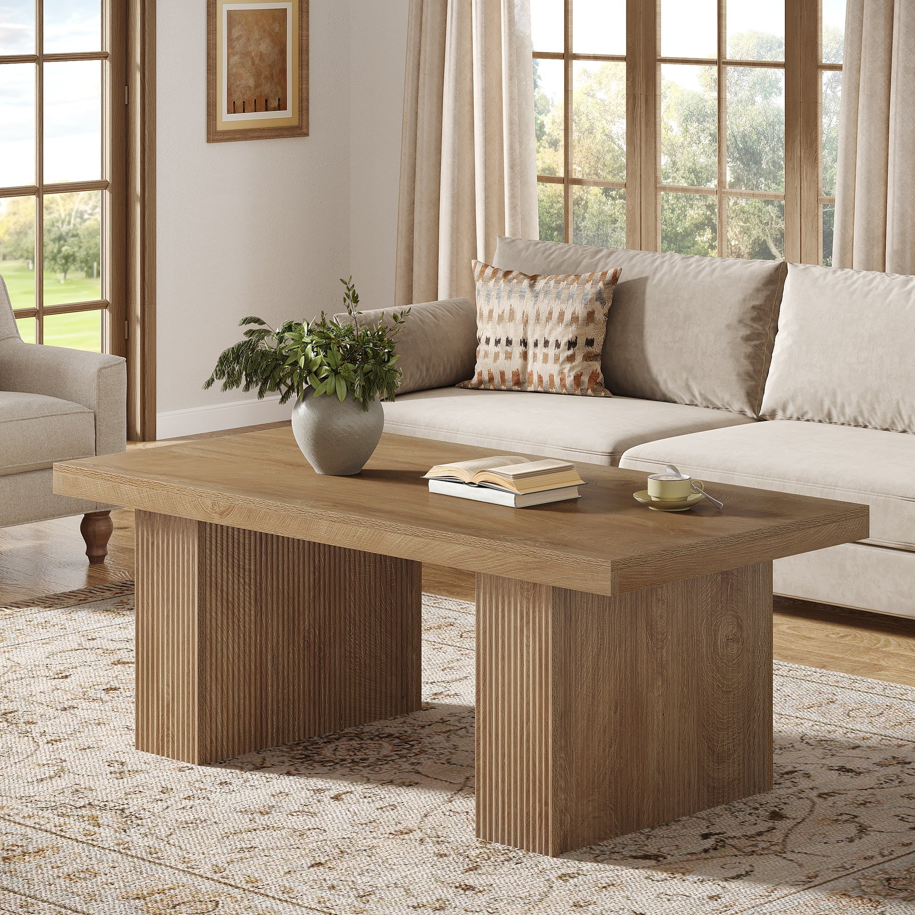 47.2" Wooden Coffee Table, Rectangle Center Table with Thick Base