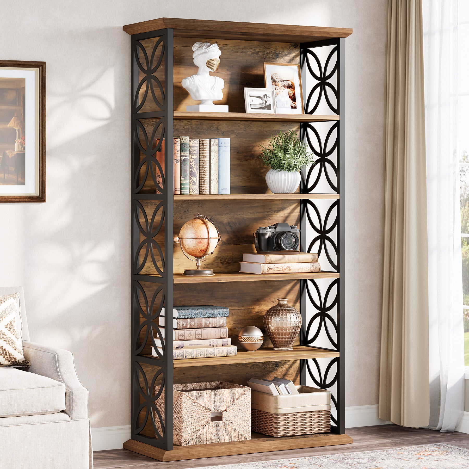 6-Tier Bookshelf, 71" Industrial Bookcase with Open Storage Shelves