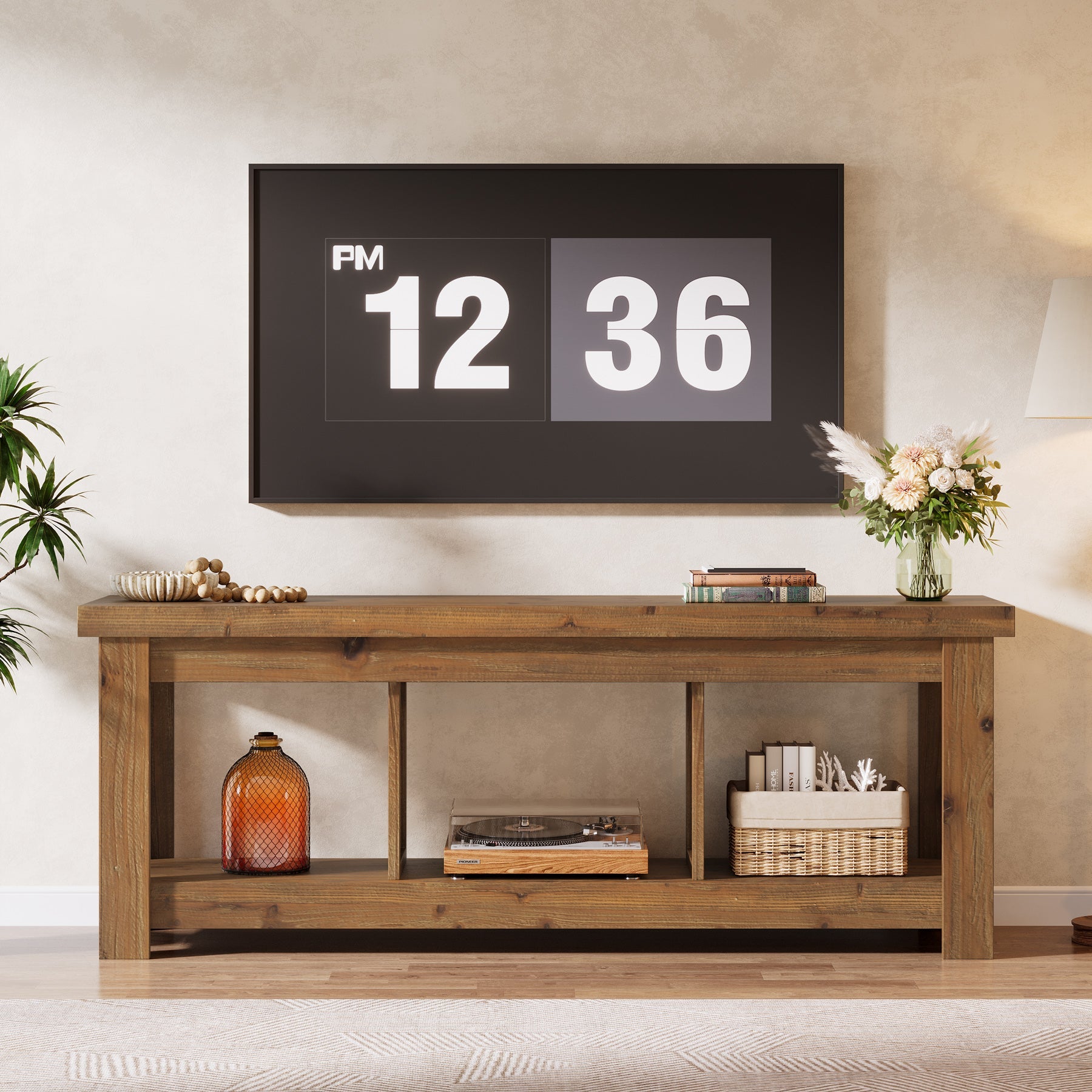 63" Solid Wood TV Stand With 3 Open Shelves for 55/60/65/75-Inch TVs