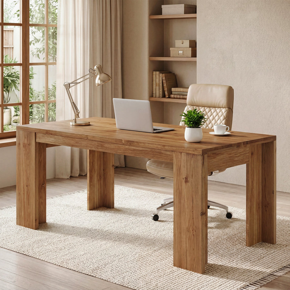 63" Solid Wood Executive Desk, Farmhouse Computer Desk with Large Tabletop for Home Office