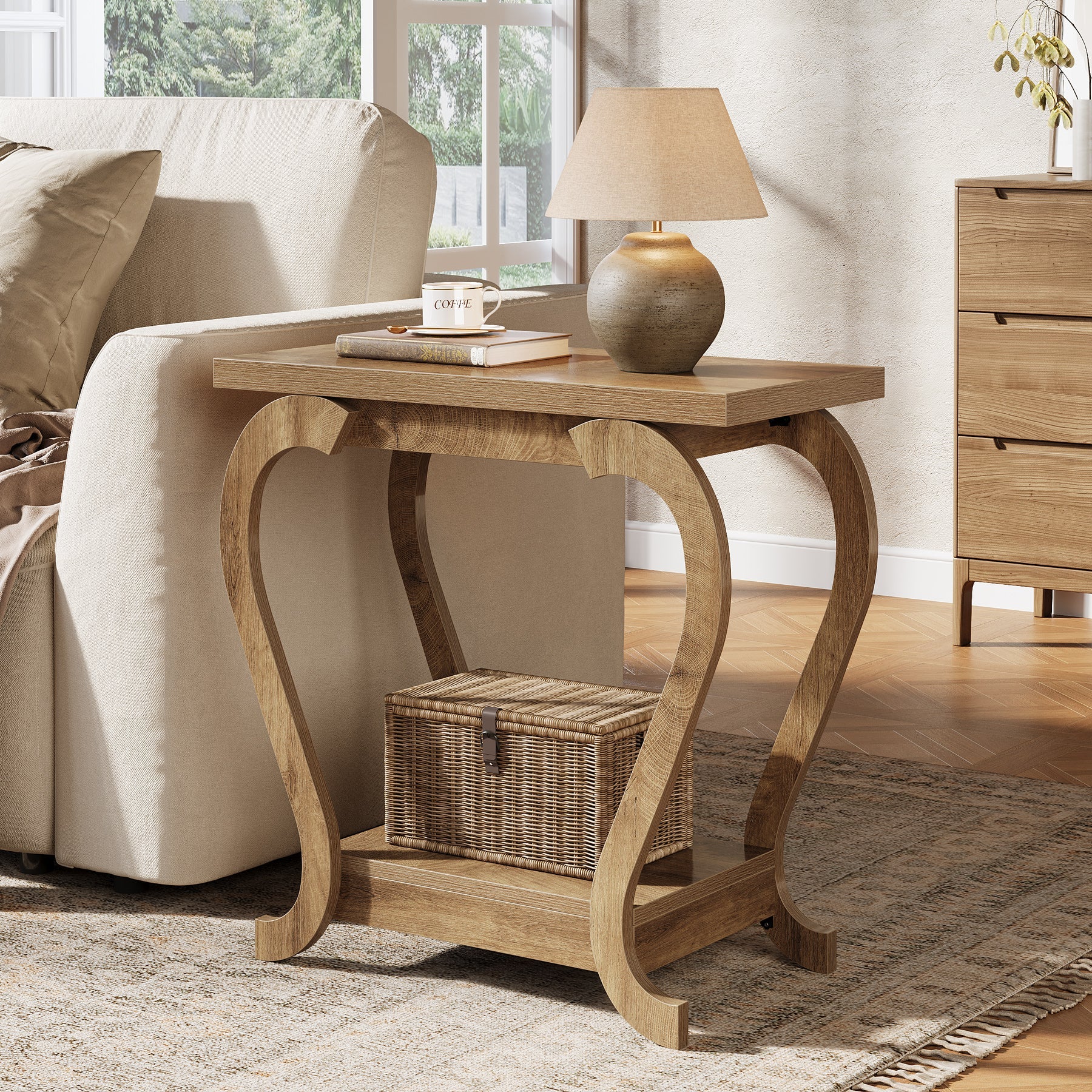 2-Tier End Table, Narrow Accent Side Table with with Storage Shelves