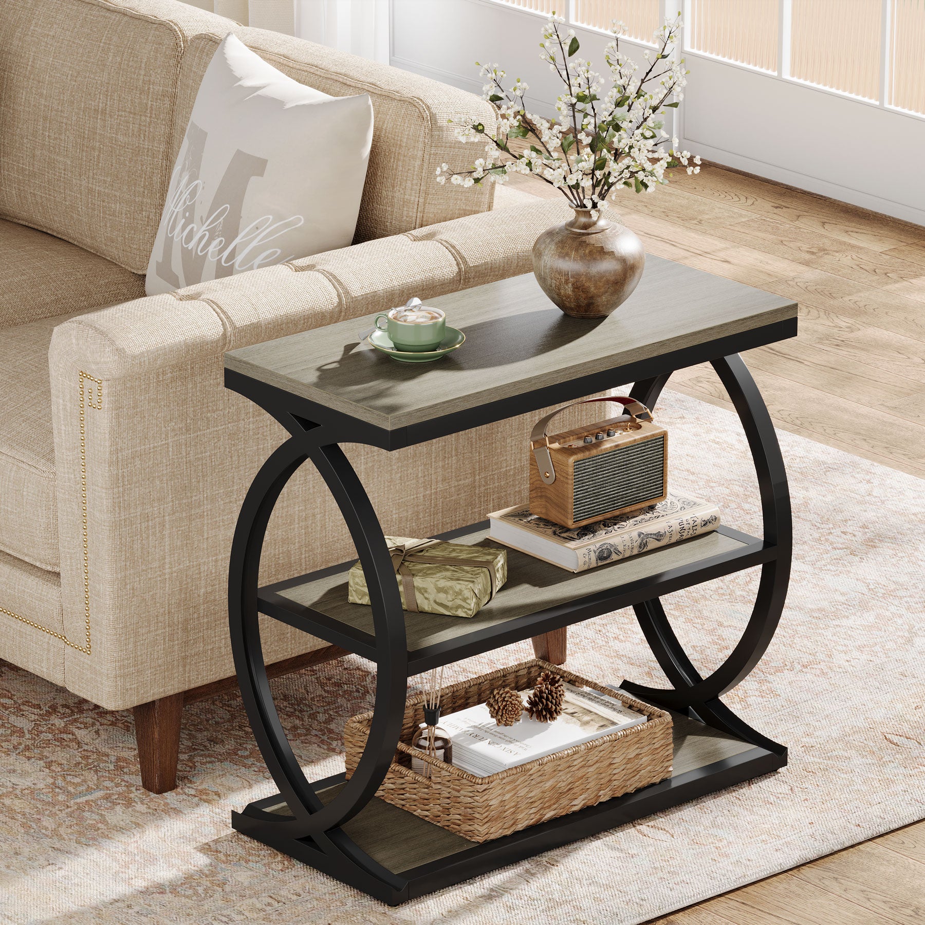 3-Tier End Table, Narrow Side Table Nightstand with Metal Frame
