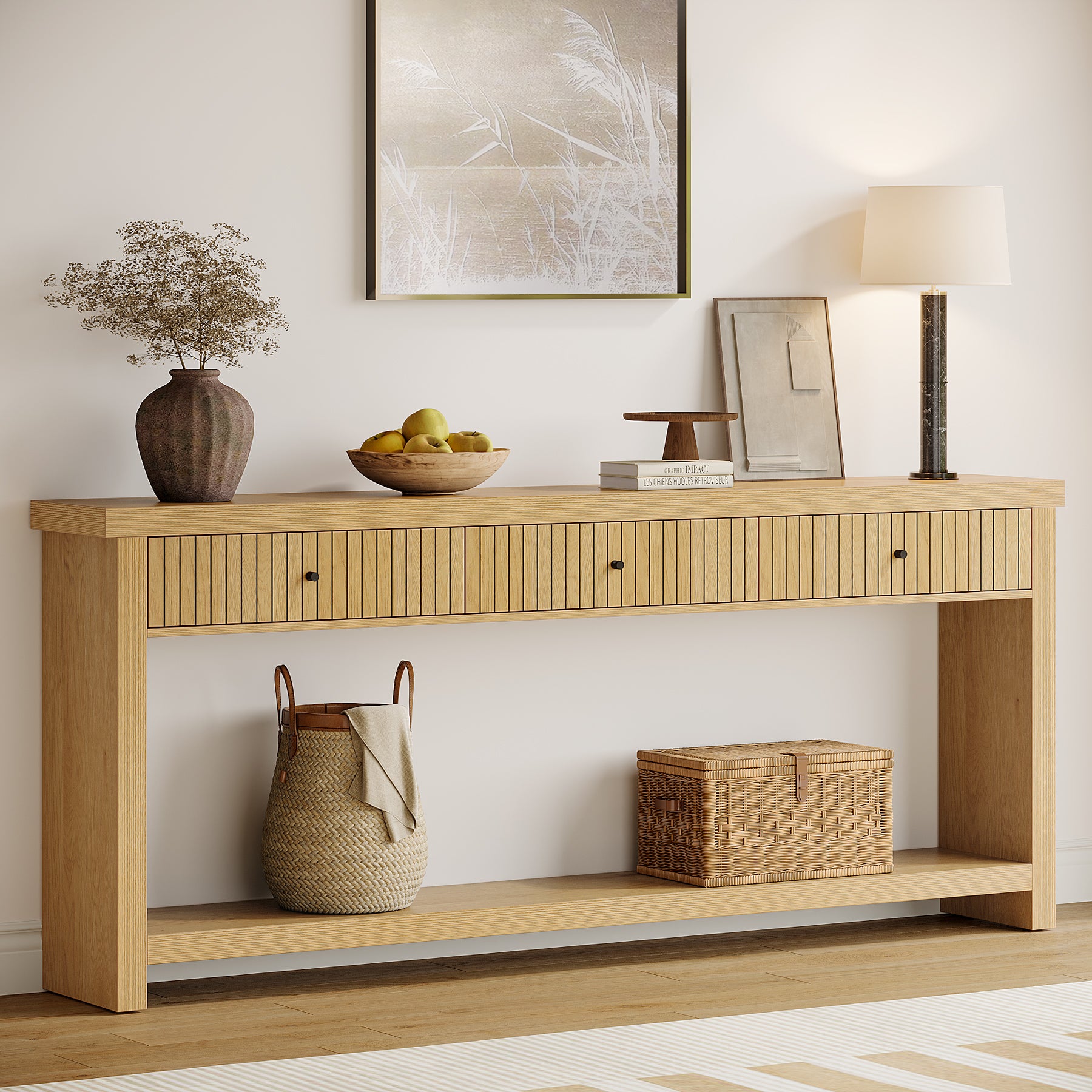 70.9" Console Table, 3-Drawer Entryway Sofa Table with Open Shelves