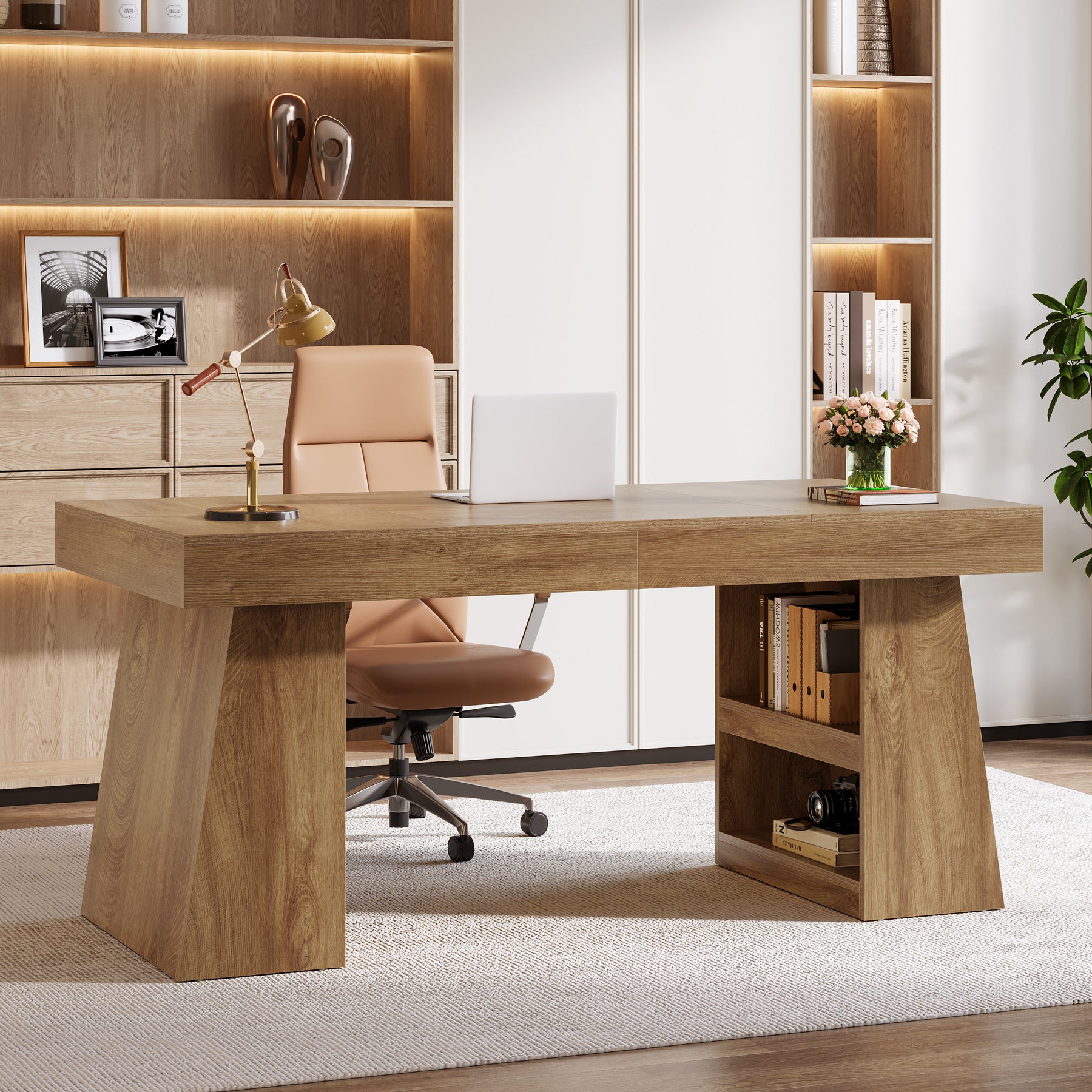 55" Executive Desk with Drawer, Farmhouse Computer Desk with Storage Shelves for Home Office