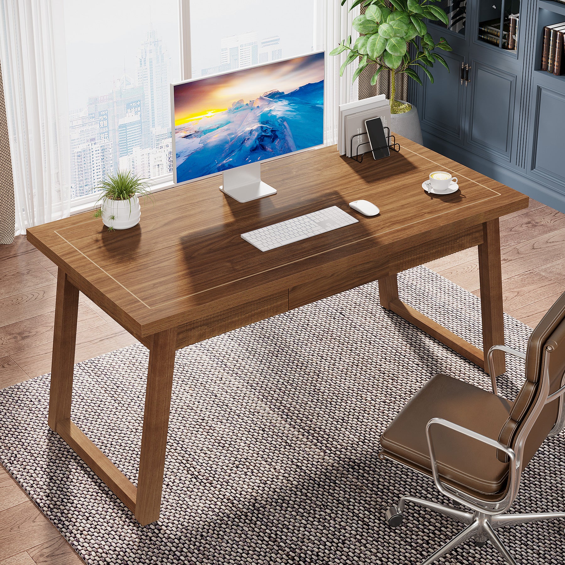 55" Computer Desk, Mid-Century Modern Study Writing Table with Drawer