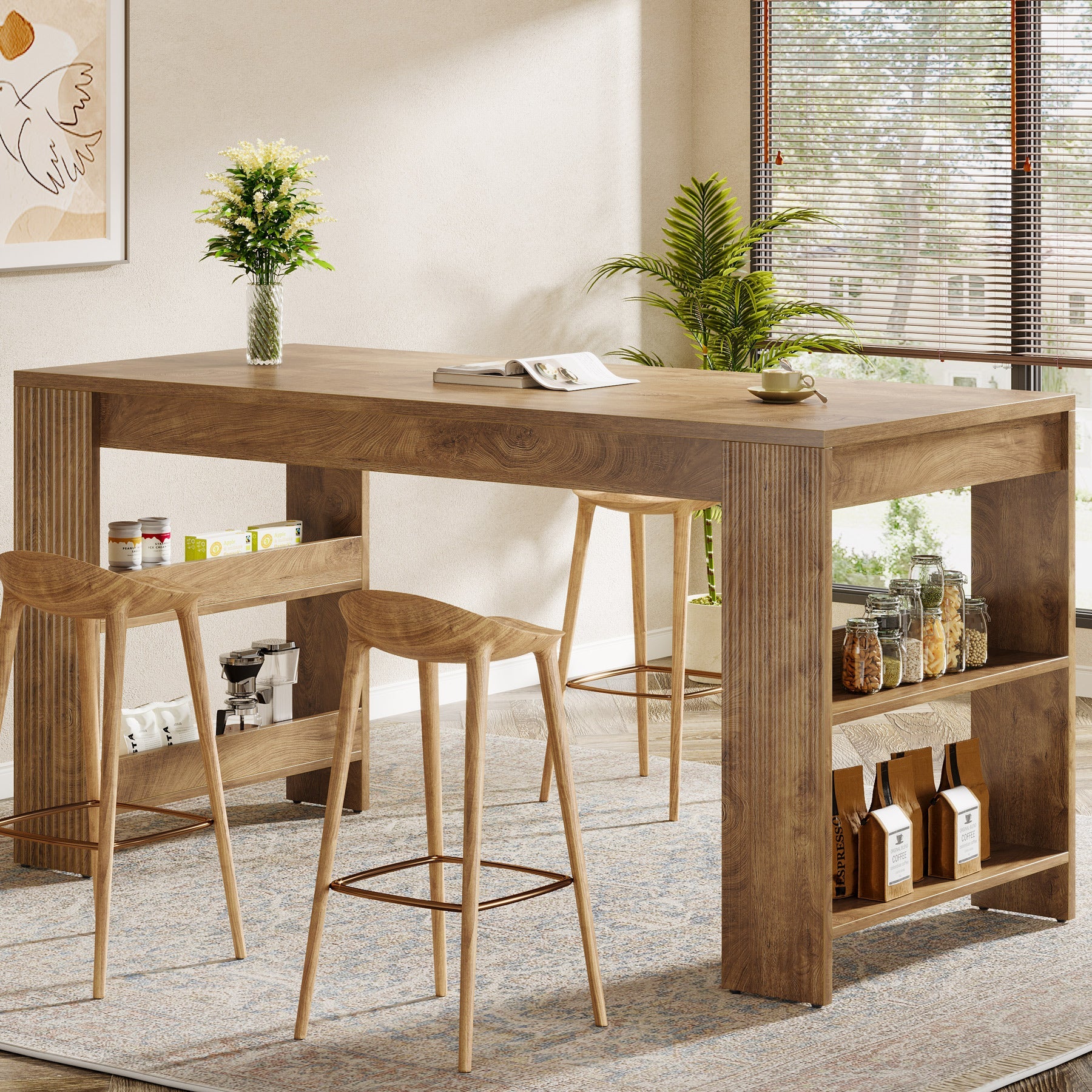 63" Kitchen Island, Large Home Bar Table with Double-Sided Storage Shelves