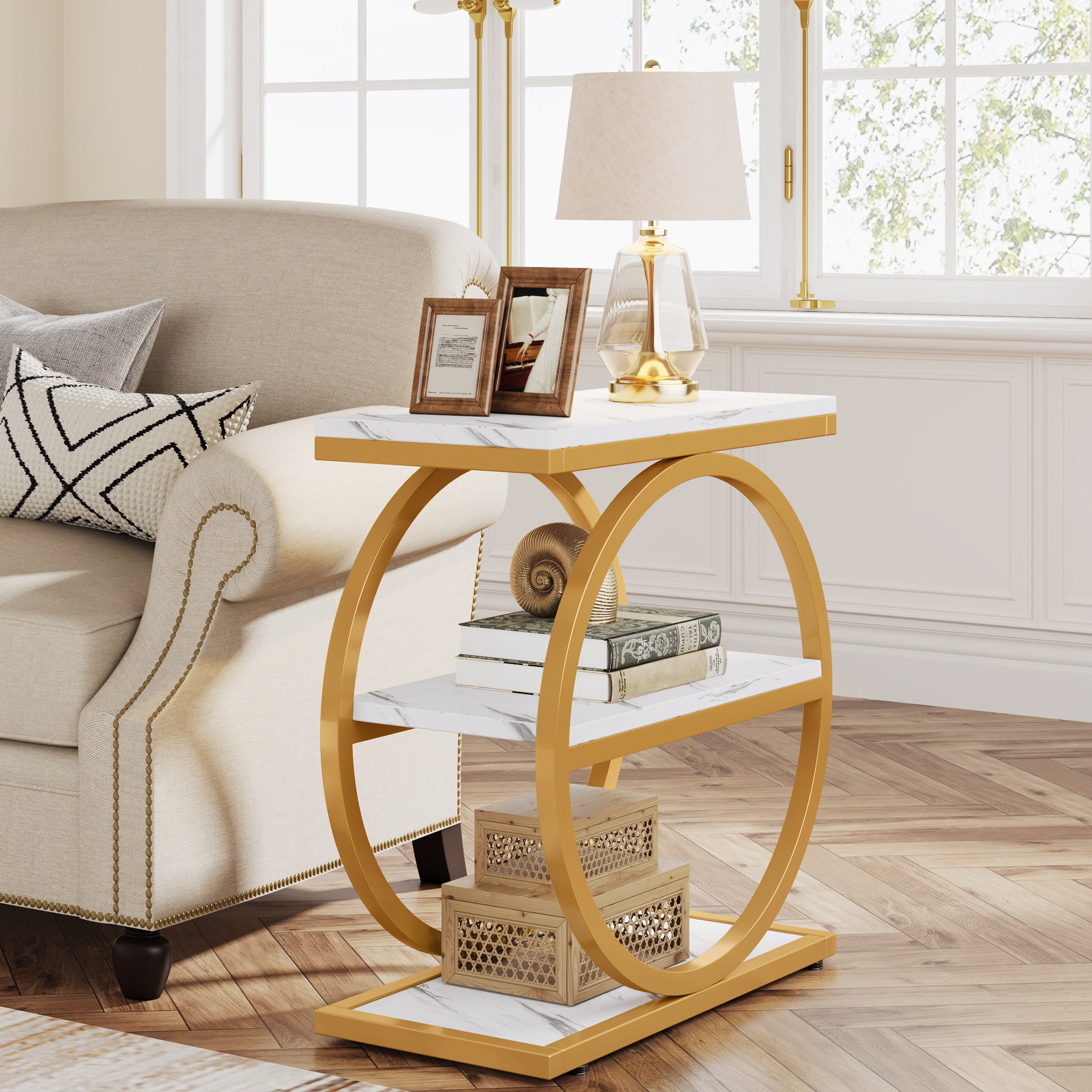 3-Tier End Table, Industrial Sofa Side Table with Round Metal Frame