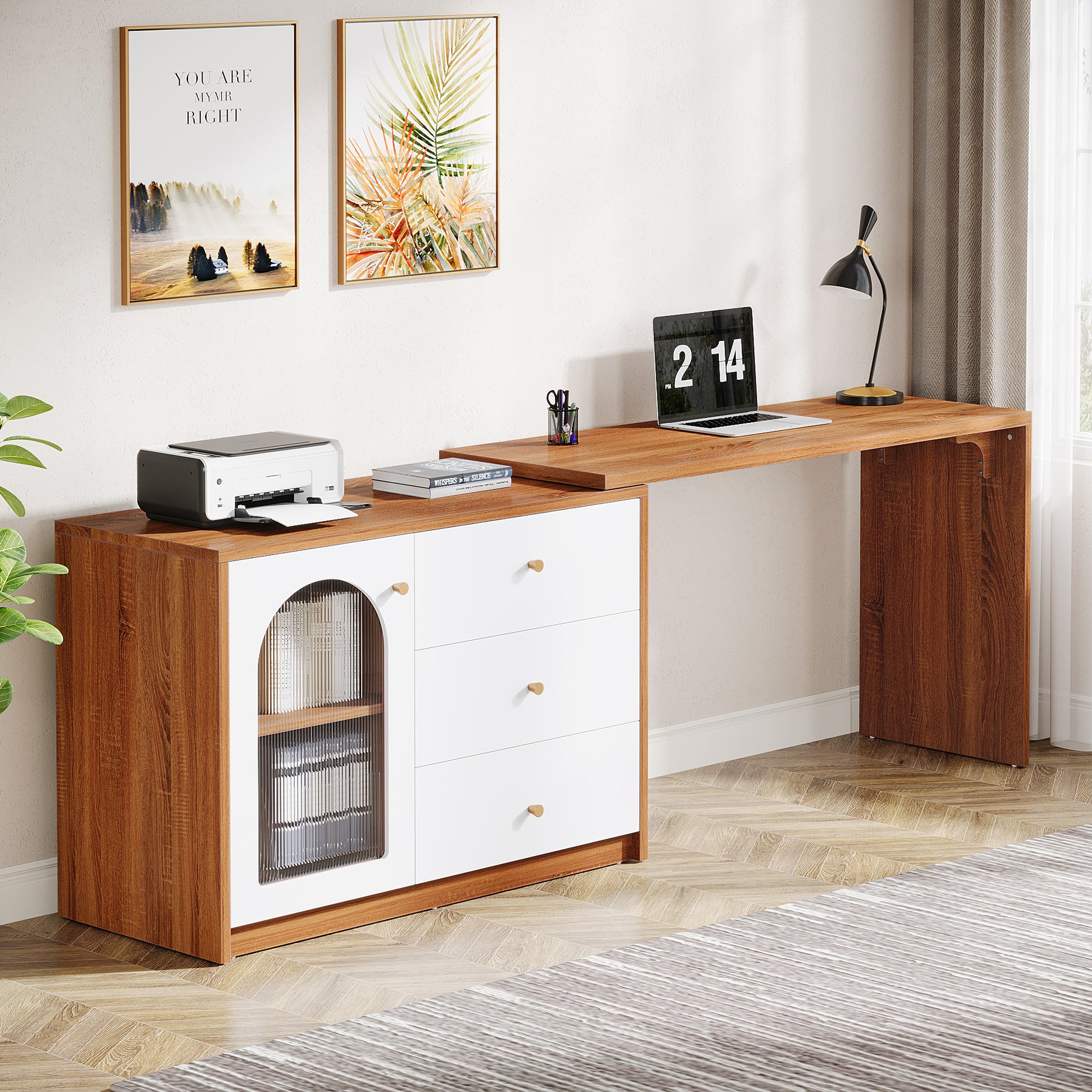 L-Shaped Computer Desk, Corner Office Desk with Reversible Storage Cabinet