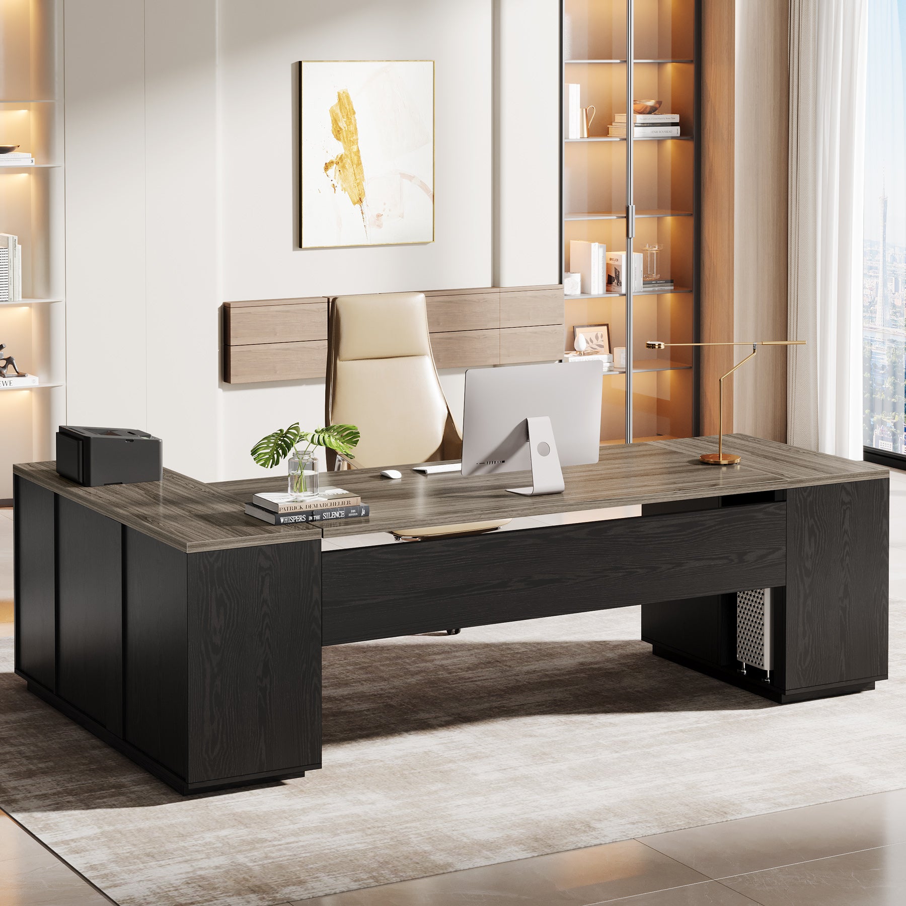 85.8" Executive Desk, L-Shaped Office Desk Computer Desk with File Drawers