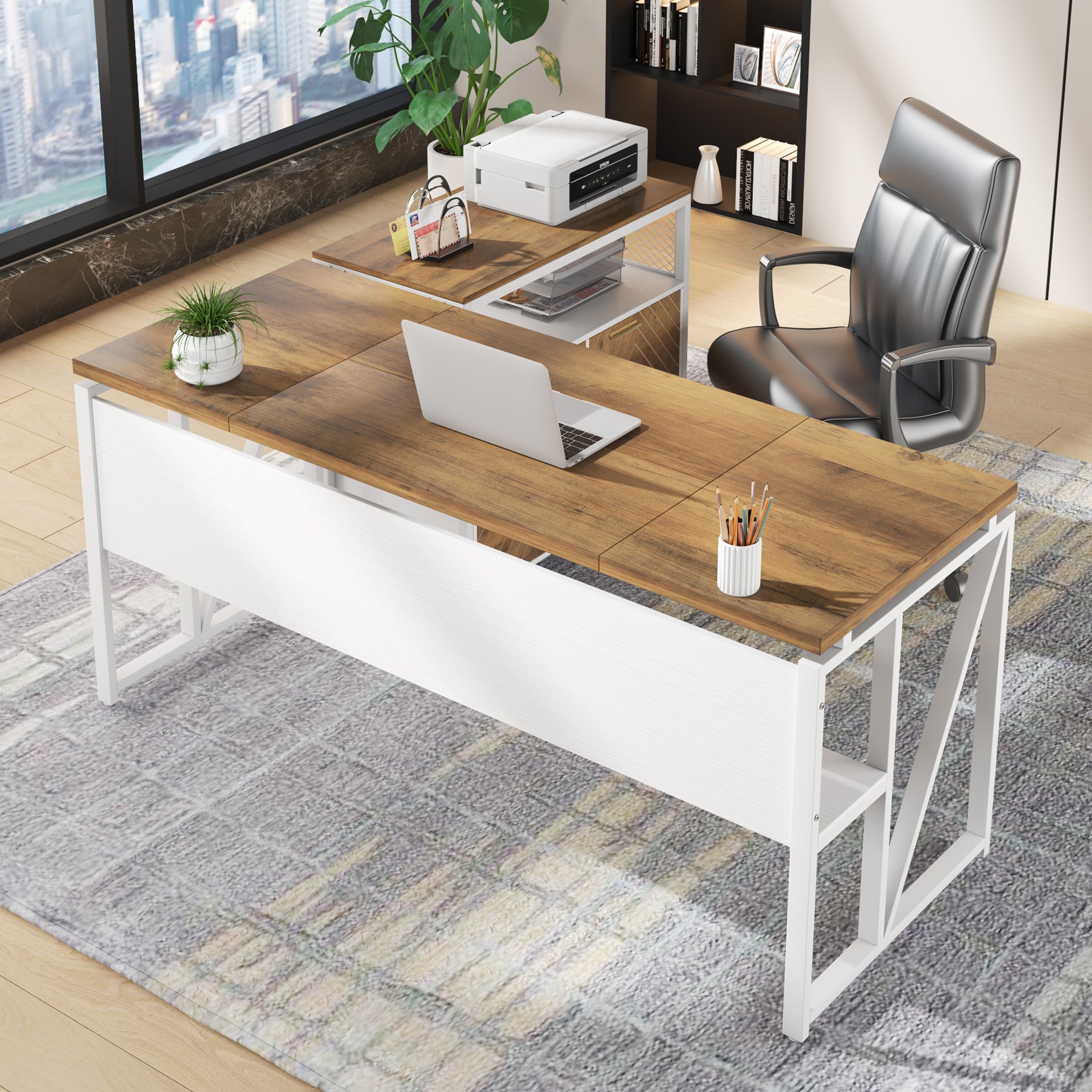 63" Computer Desk with Mobile Cabinet, L-Shaped Desk for Home Office