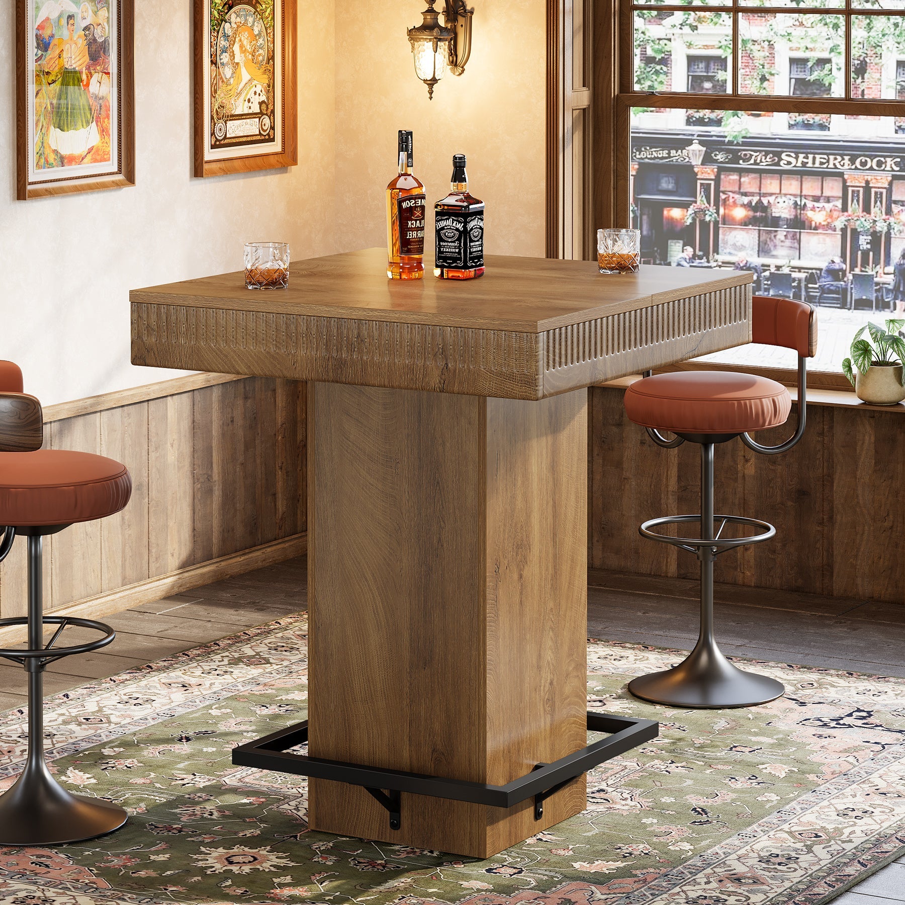 Square Bar Table, Industrial Bistro Pub Table with Metal Footrest