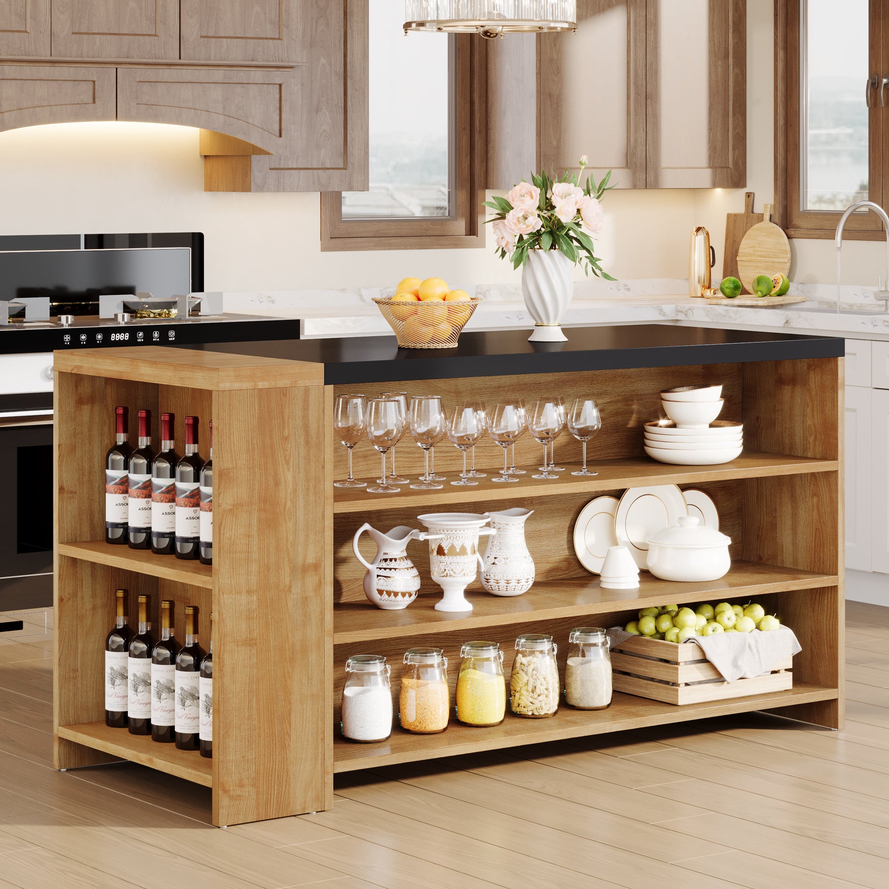55" Kitchen Island with Storage, Farmhouse Coffee Bar Table with 5 Shelves