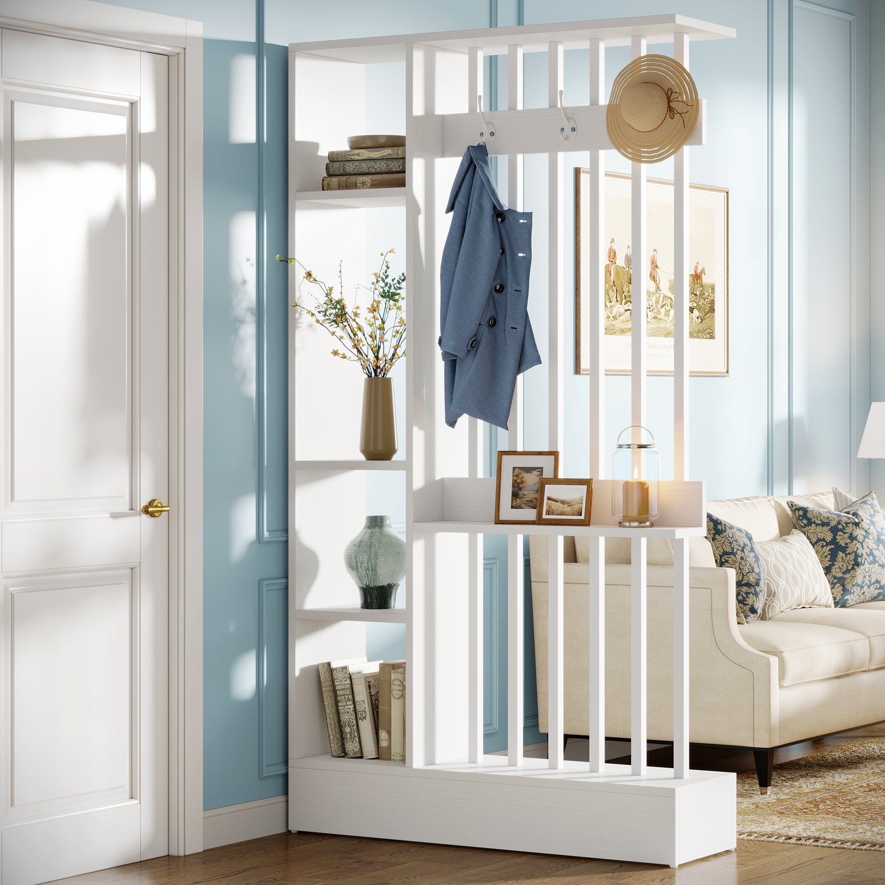 71" Wall Room Divider, Freestanding Wall Partition Bookcase with Coat Hooks