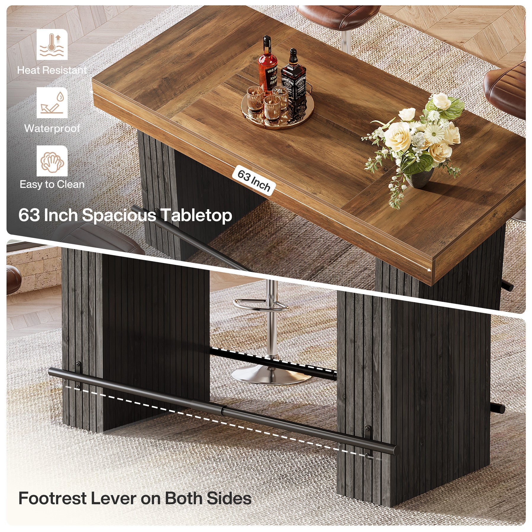 63" Bar Table, Industrial Counter Height Pub Dining Table