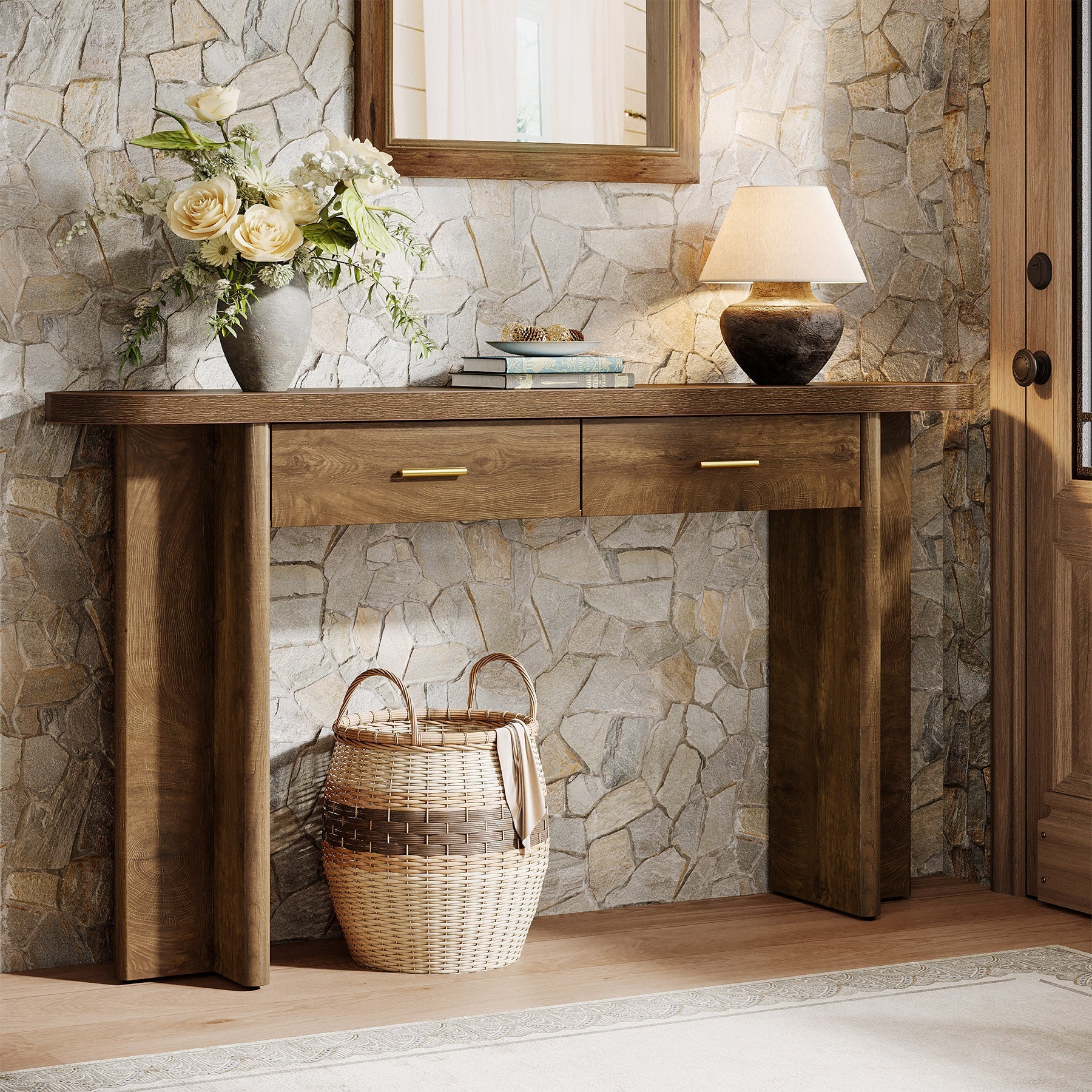 63" Console Table, Farmhouse Oval Curved Entryway Table with 2 Drawers