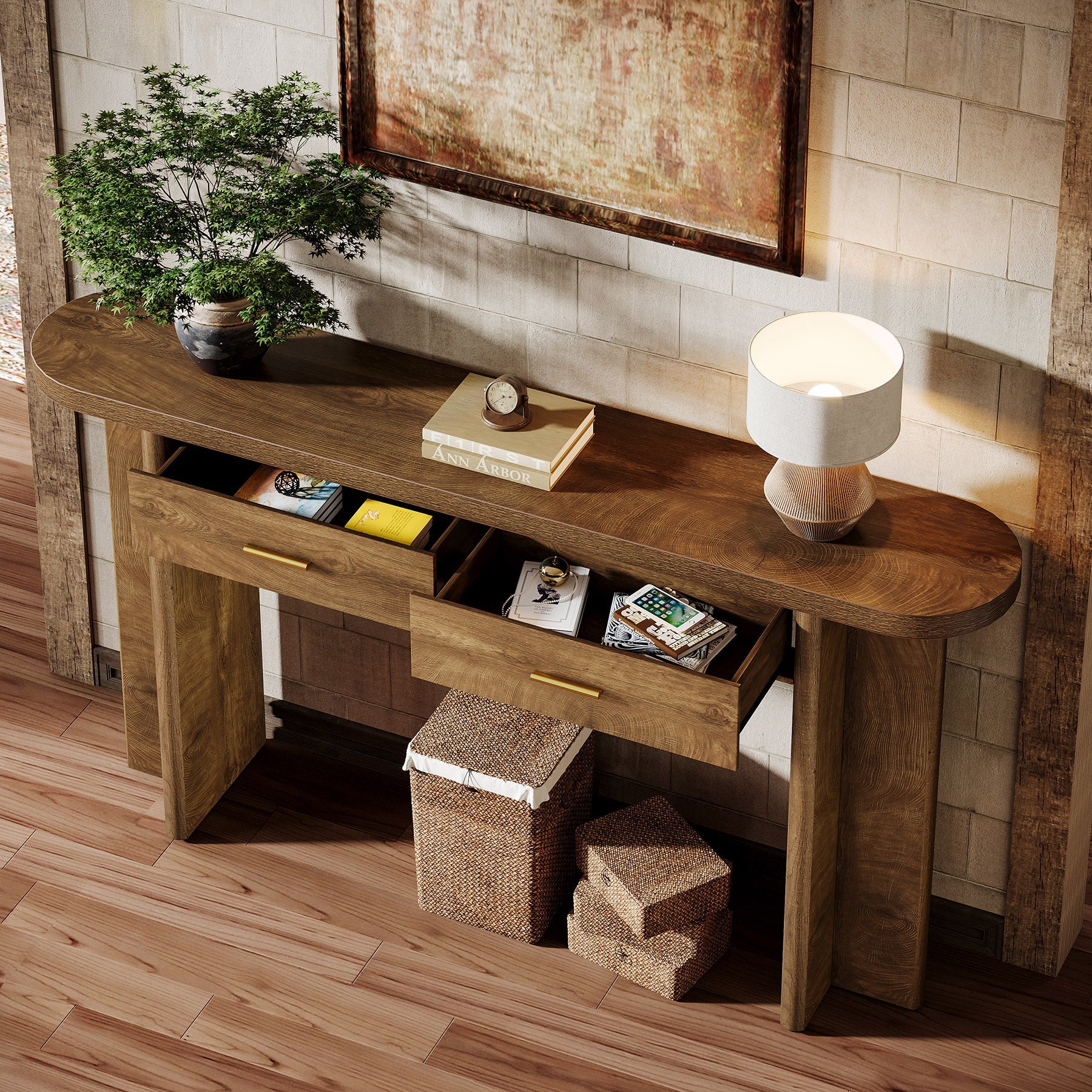 63" Console Table, Farmhouse Oval Curved Entryway Table with 2 Drawers