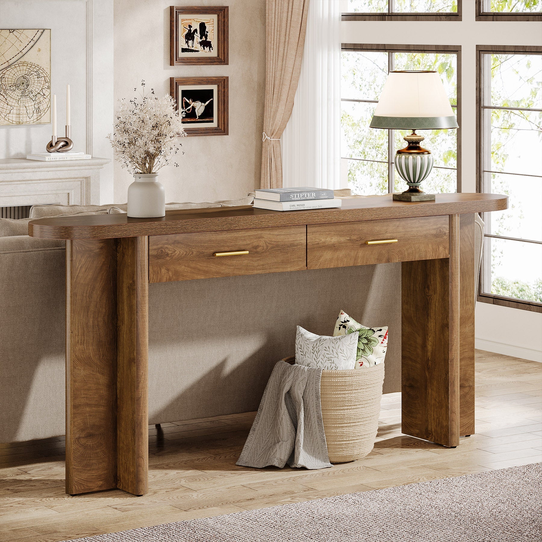 63" Console Table, Farmhouse Oval Curved Entryway Table with 2 Drawers