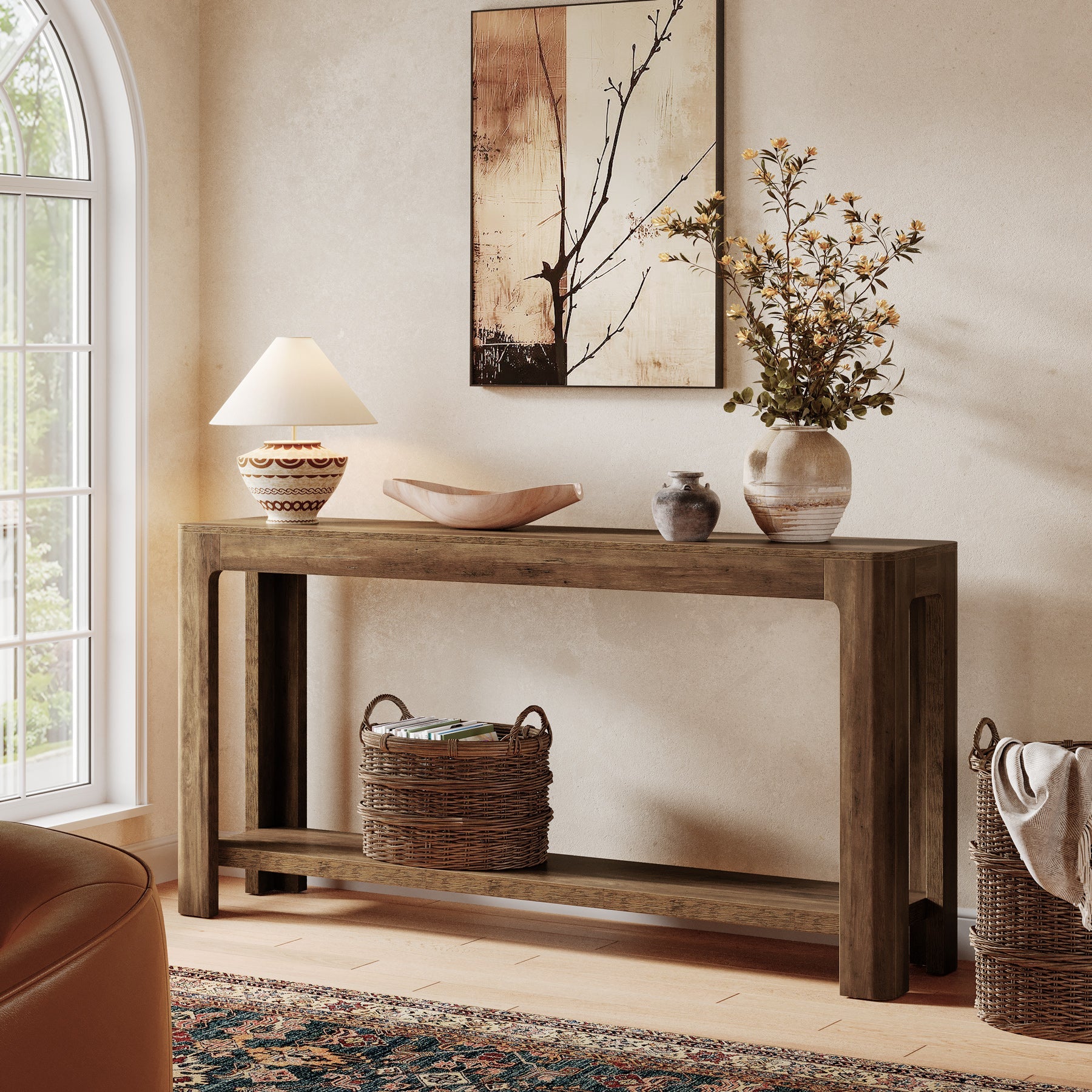 63" Console Table, Narrow 2-Tier Sofa Table Accent Entrance Console