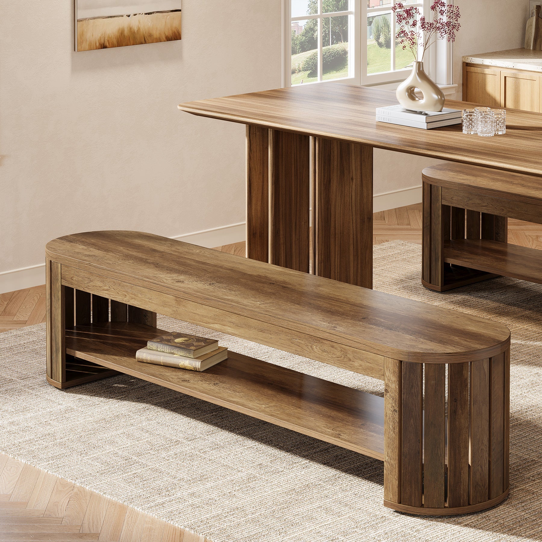 63" Dining Bench, Farmhouse Kitchen Dining Seat with Arc Vertical Slat Splicing Legs