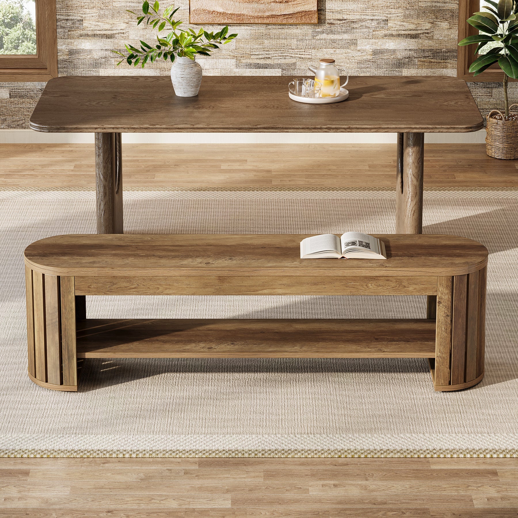 63" Dining Bench, Farmhouse Kitchen Dining Seat with Arc Vertical Slat Splicing Legs