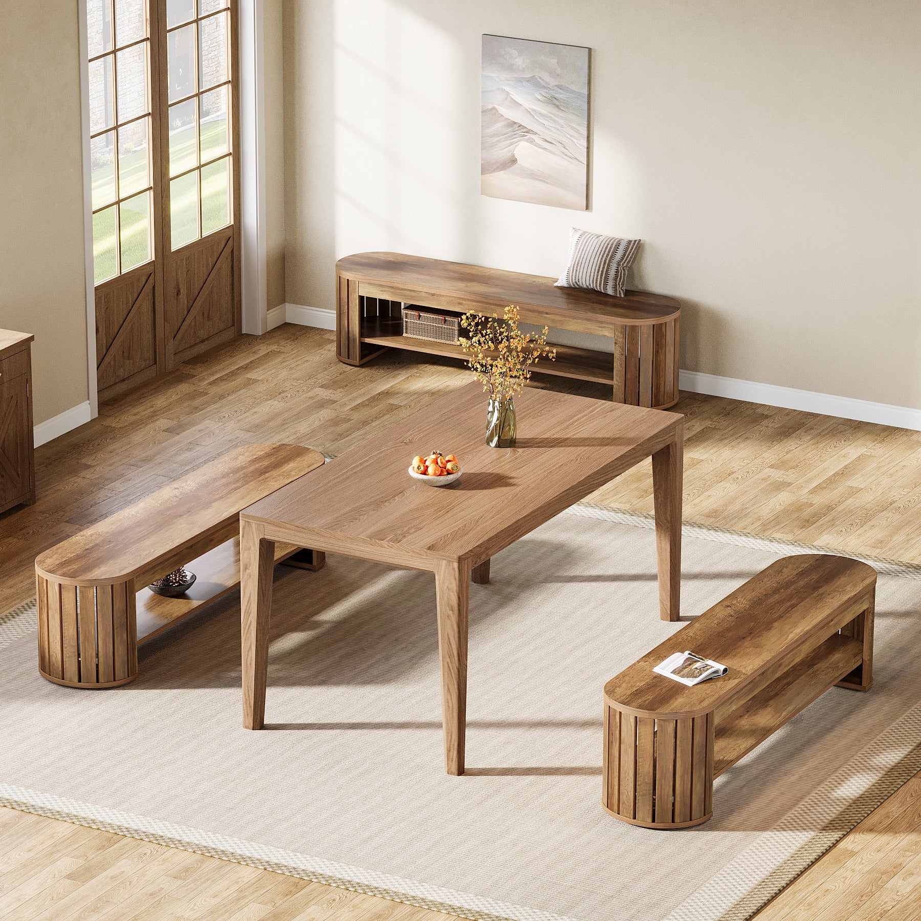 63" Dining Bench, Farmhouse Kitchen Dining Seat with Arc Vertical Slat Splicing Legs