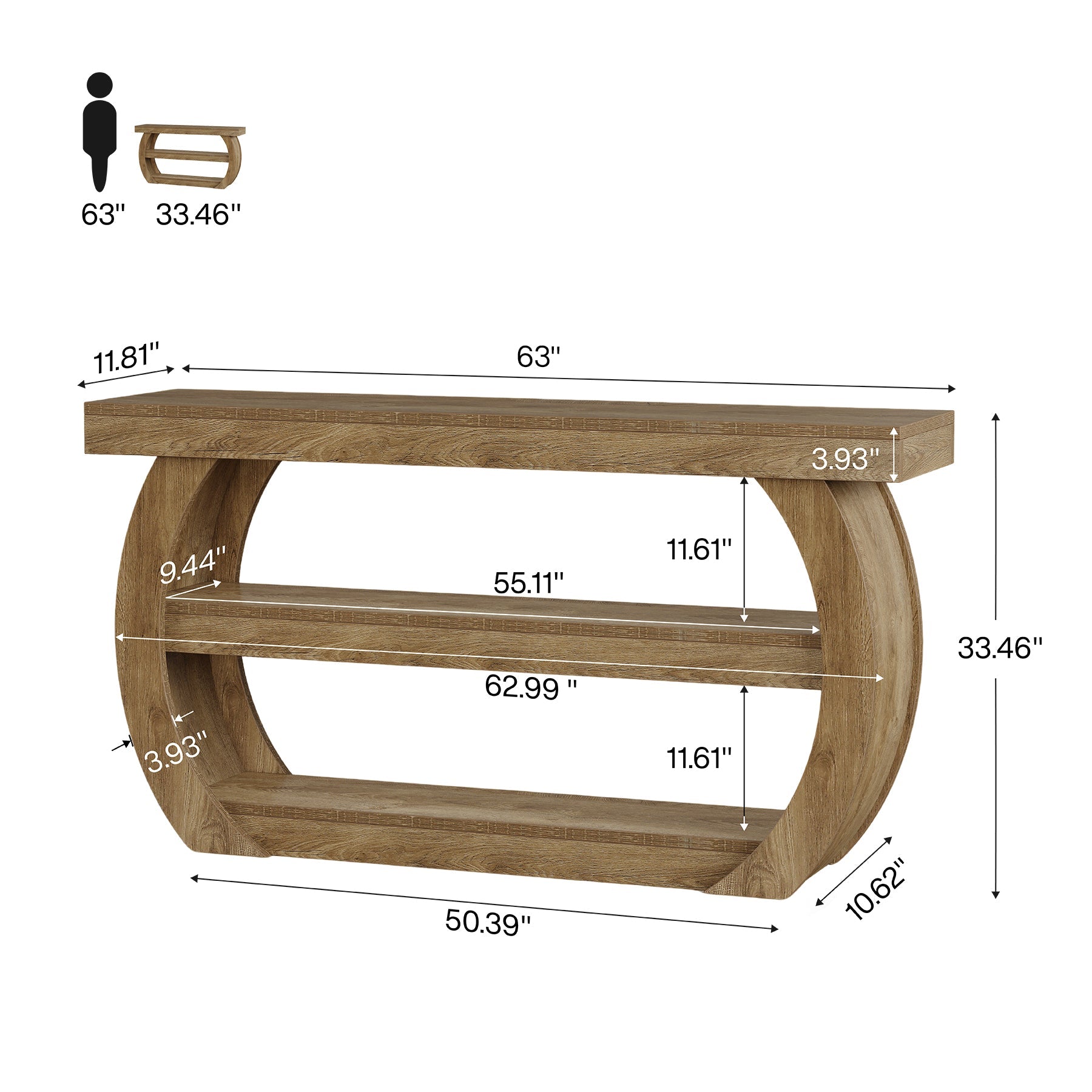 63" Farmhouse Console Table, 3-Tier Wooden Entryway Table Sofa Console
