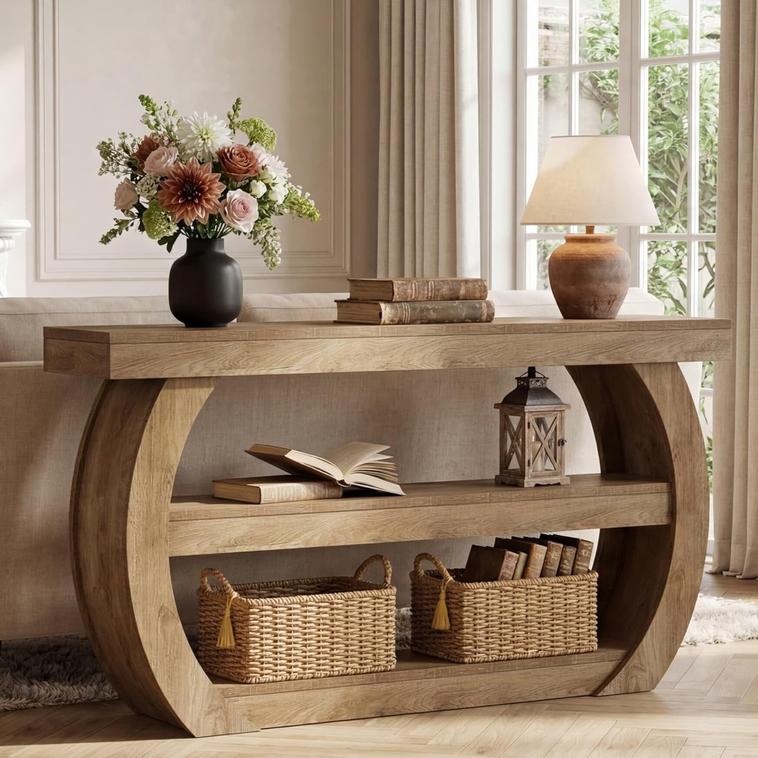 63" Farmhouse Console Table, 3-Tier Wooden Entryway Table Sofa Console