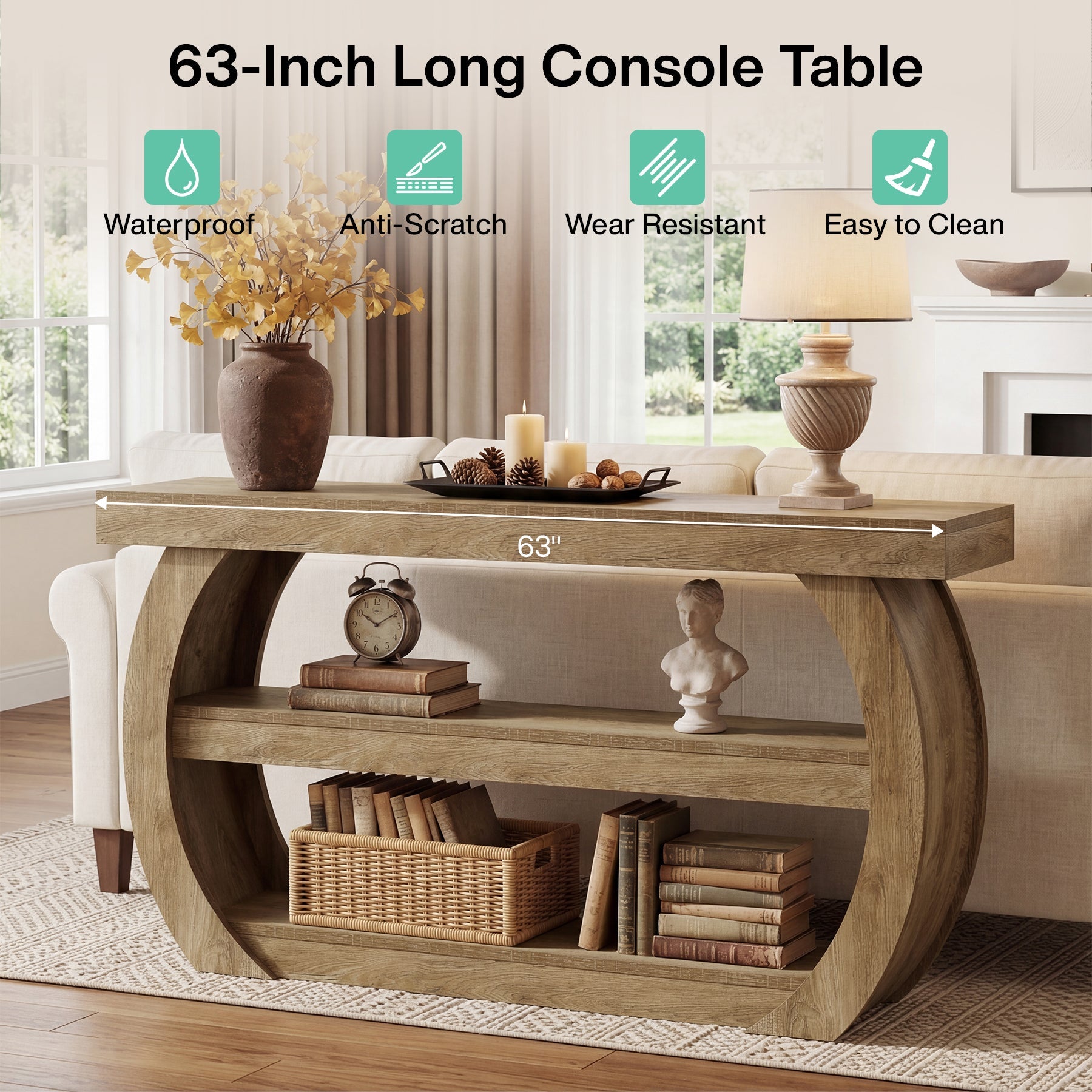 63" Farmhouse Console Table, 3-Tier Wooden Entryway Table Sofa Console