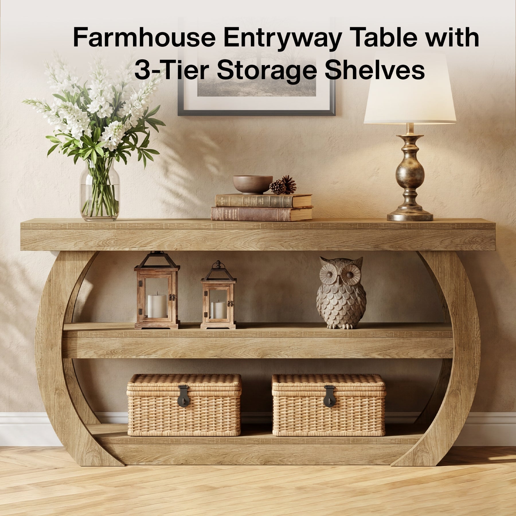 63" Farmhouse Console Table, 3-Tier Wooden Entryway Table Sofa Console