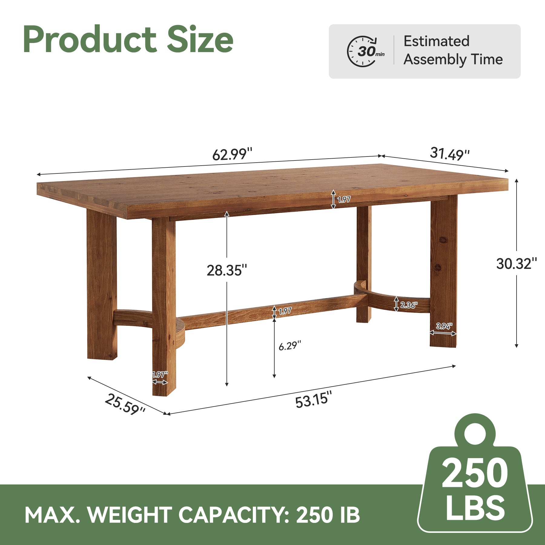 63" Rectangle Dining Table, Solid Wood Farmhouse Kitchen Table for 4-6