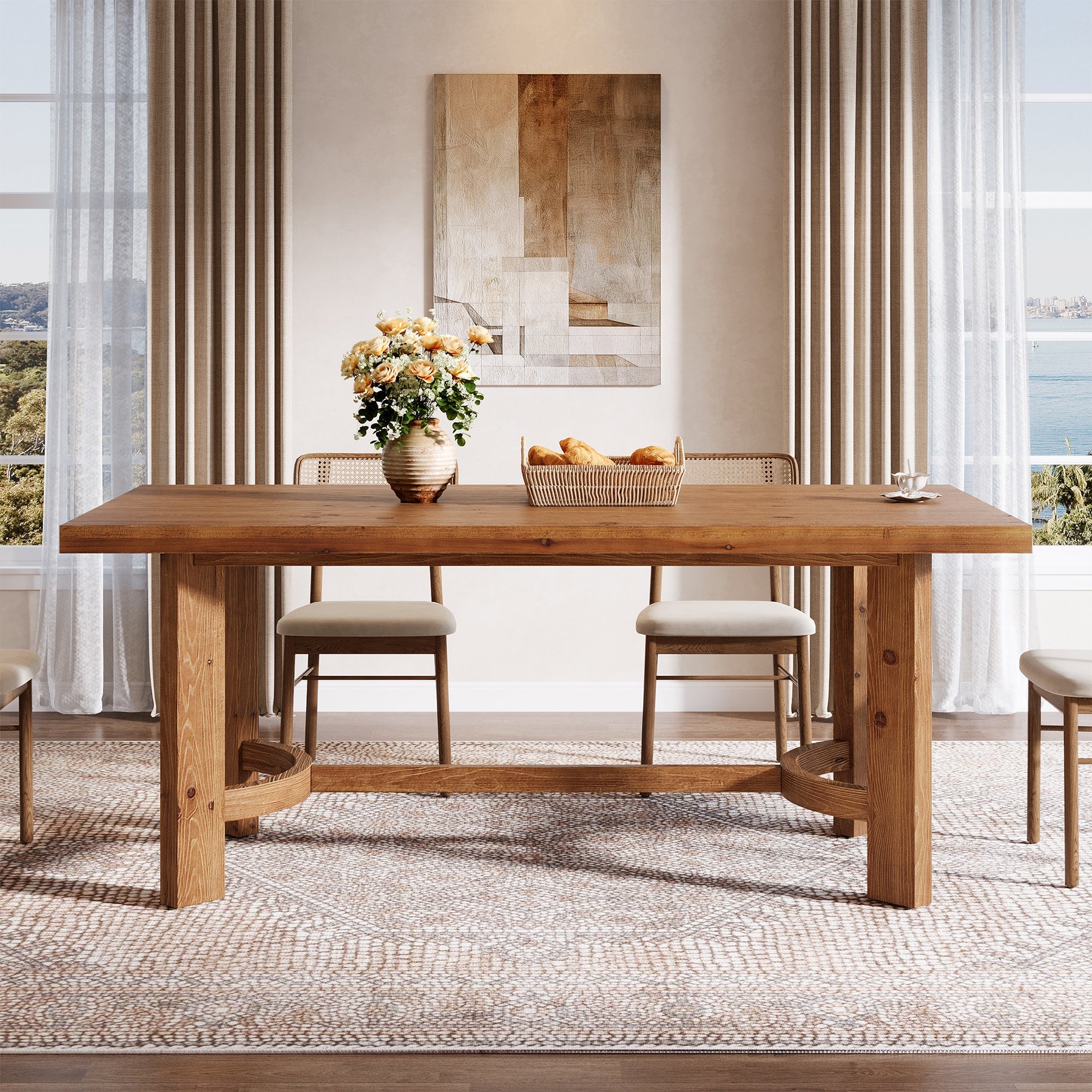 63" Rectangle Dining Table, Solid Wood Farmhouse Kitchen Table for 4-6