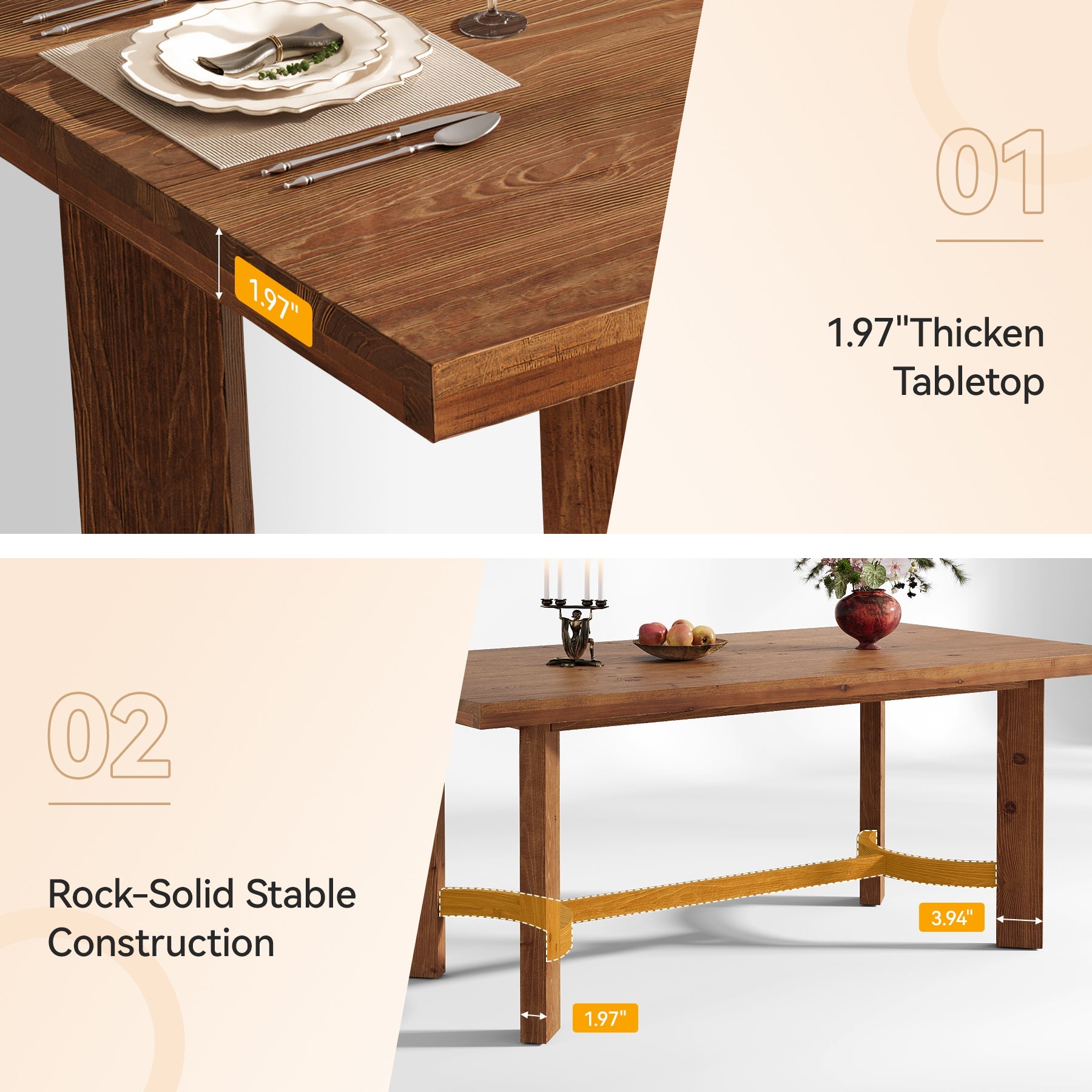 63" Rectangle Dining Table, Solid Wood Farmhouse Kitchen Table for 4-6