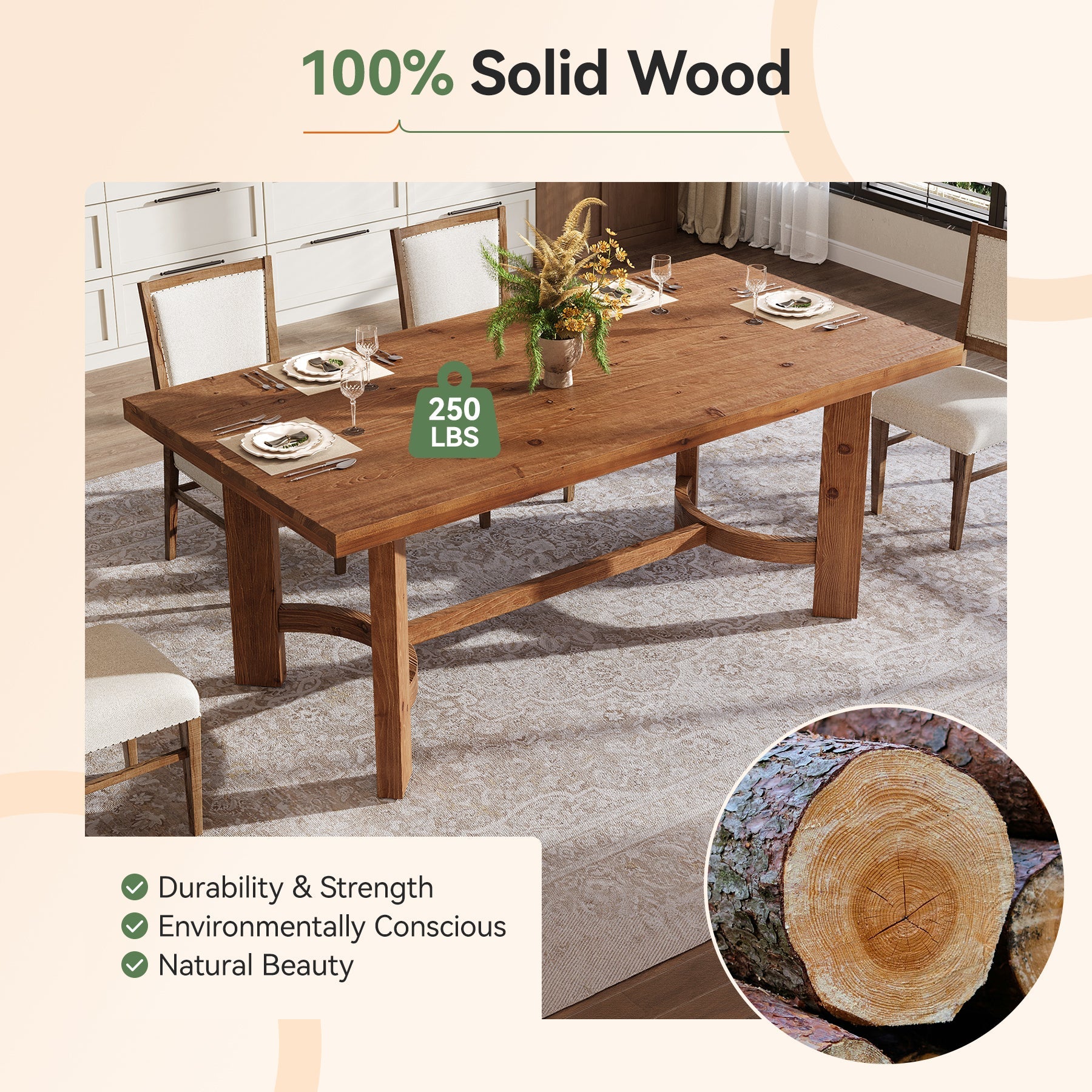 63" Rectangle Dining Table, Solid Wood Farmhouse Kitchen Table for 4-6