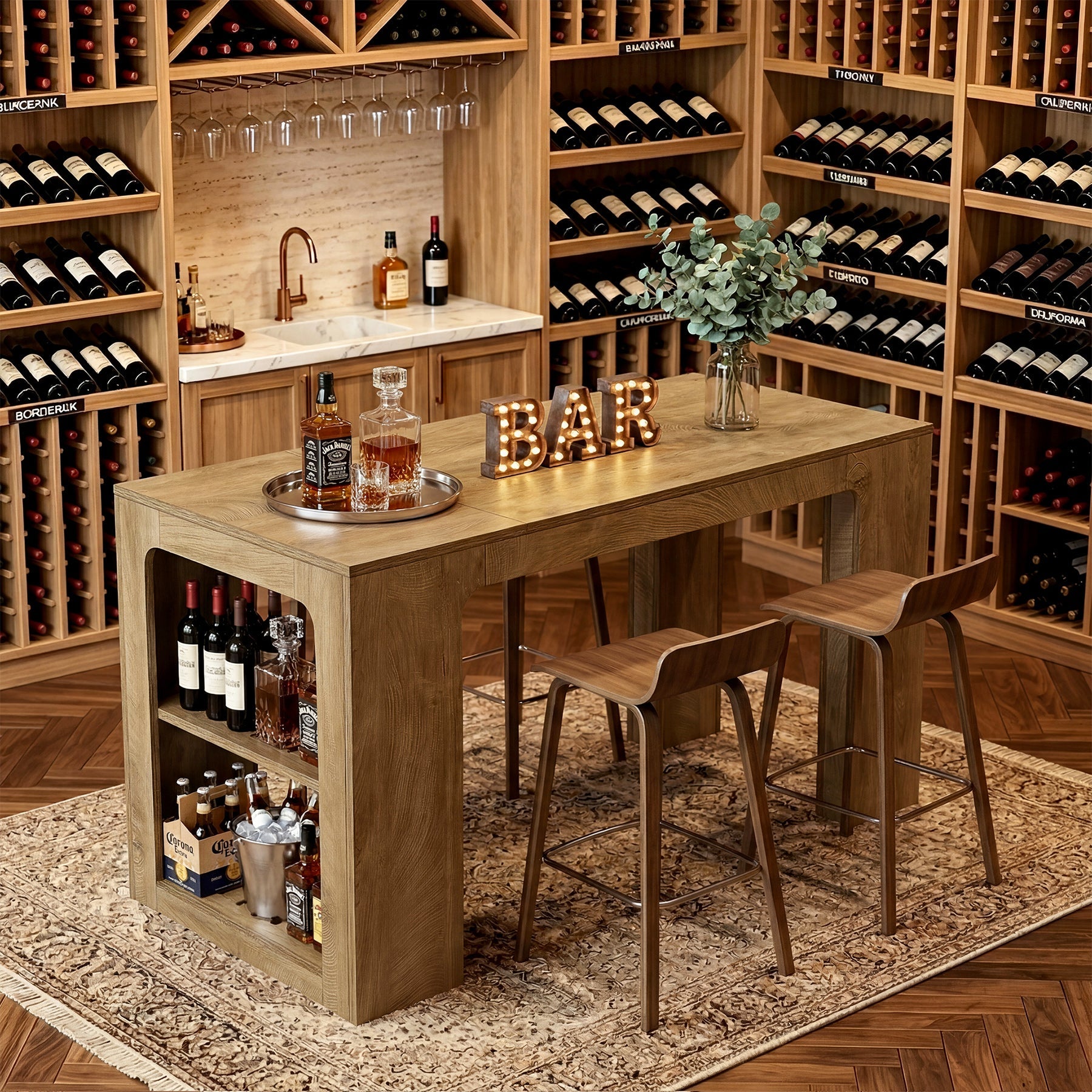 63" Rectangular Bar Table, Counter Height Pub Cocktail Table with 2 Shelves
