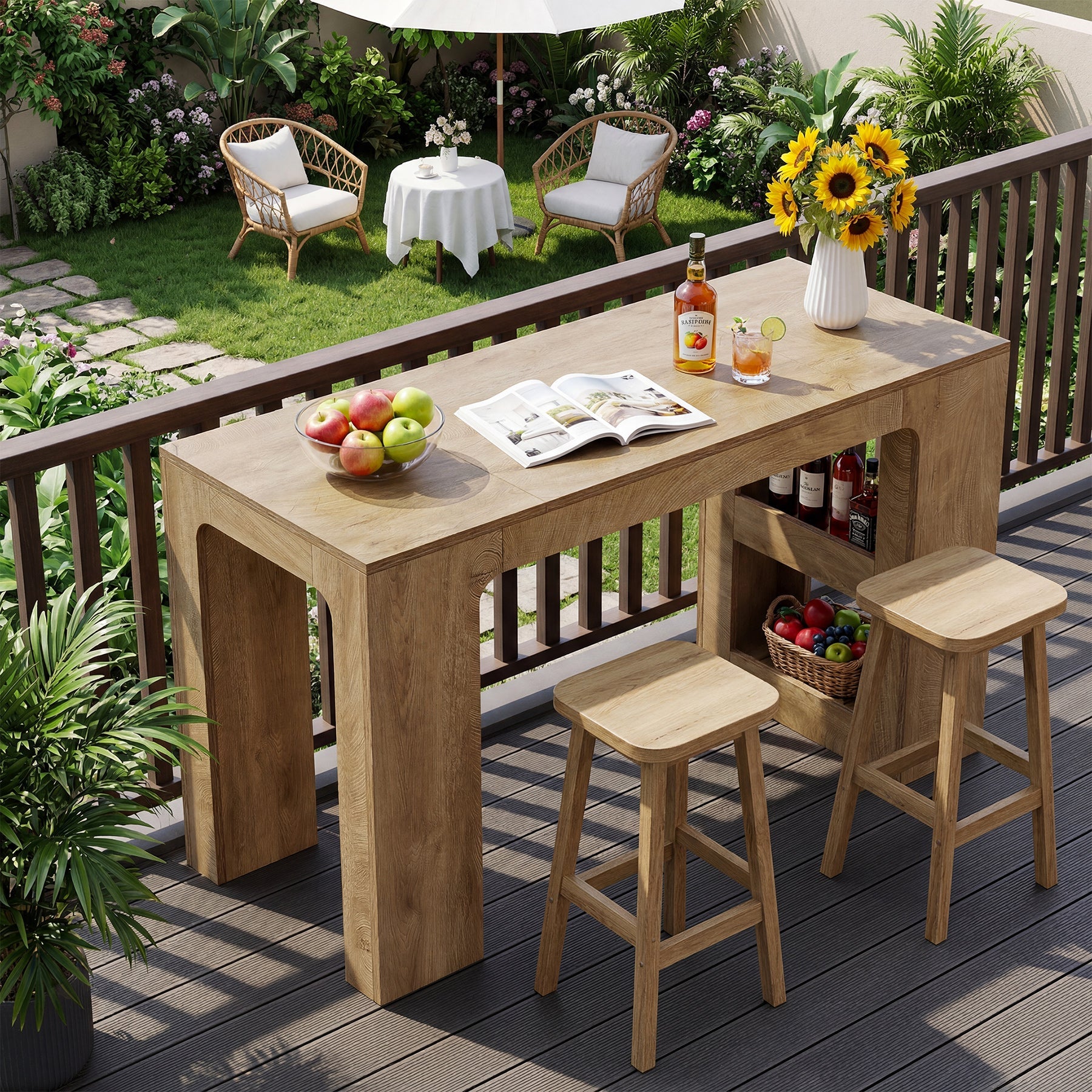 63" Rectangular Bar Table, Counter Height Pub Cocktail Table with 2 Shelves