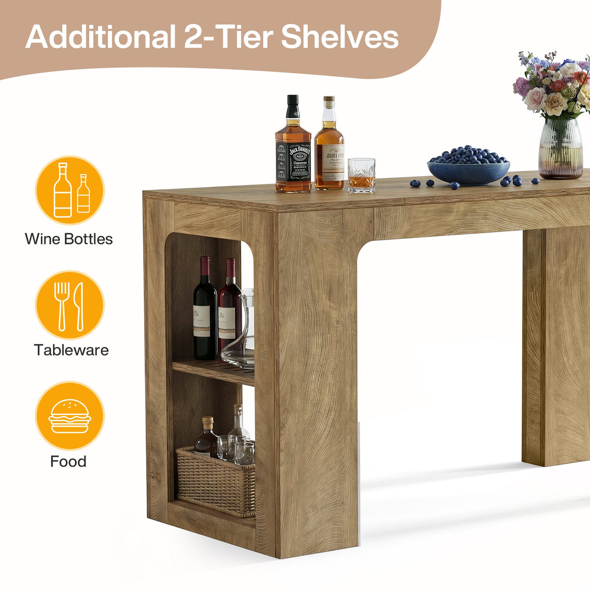 63" Rectangular Bar Table, Counter Height Pub Cocktail Table with 2 Shelves
