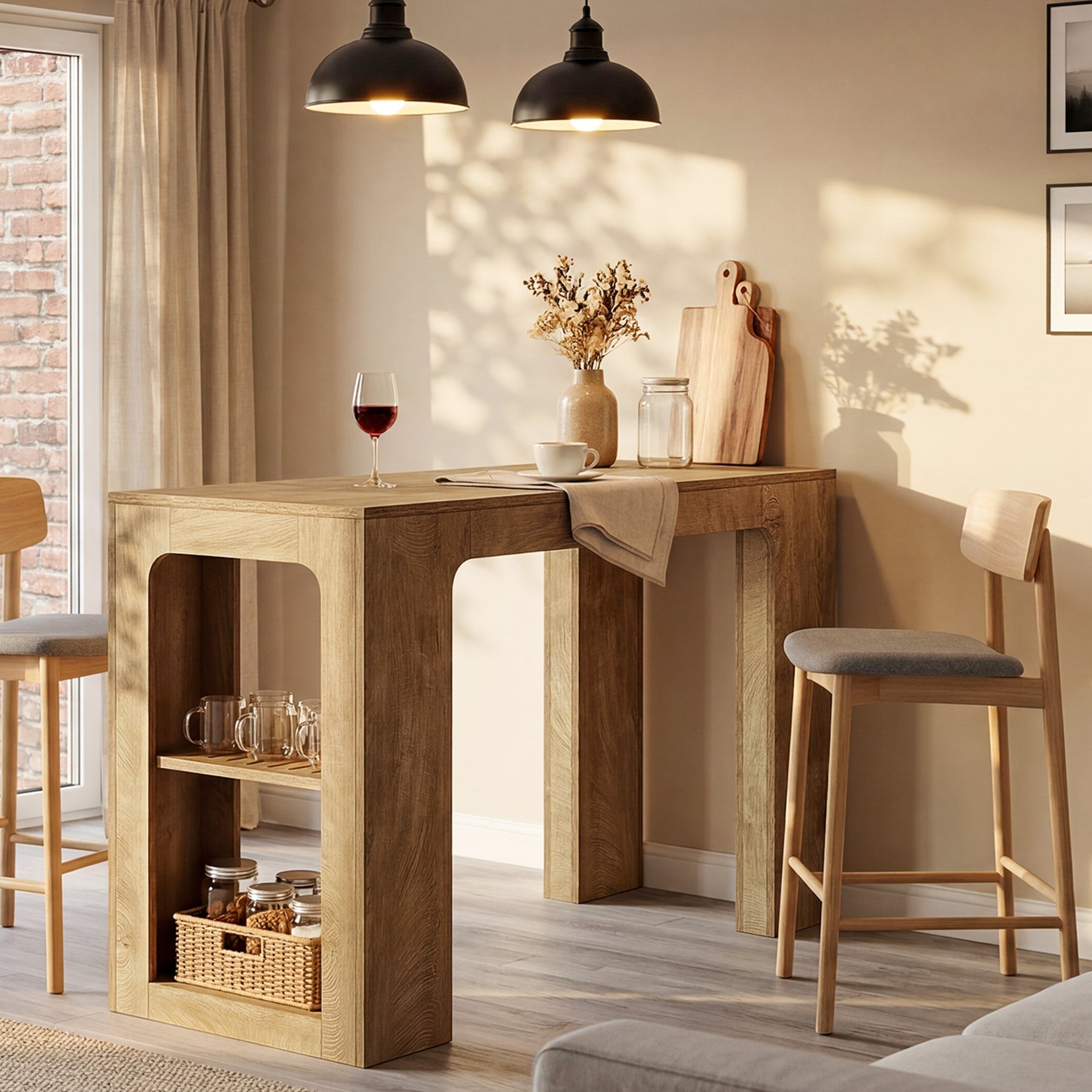 63" Rectangular Bar Table, Counter Height Pub Cocktail Table with 2 Shelves