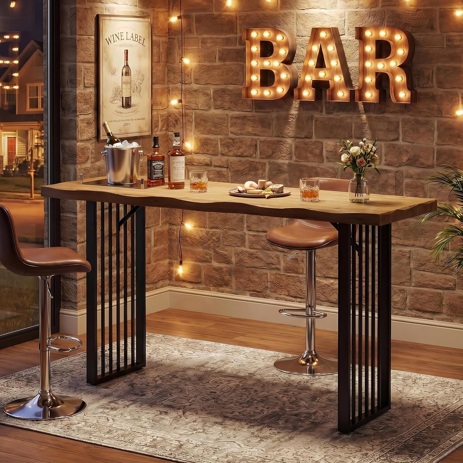 63" Solid Wood Bar Table, Rectangular Counter Height Pub Table with Metal Frame for Home Bar