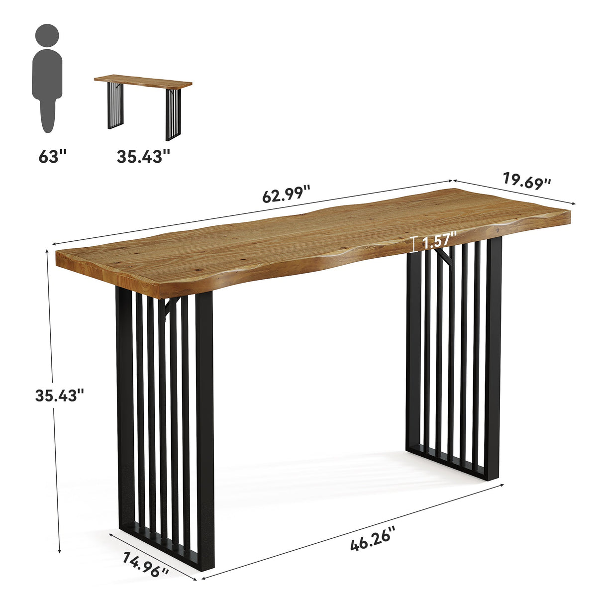63" Solid Wood Bar Table, Rectangular Counter Height Pub Table with Metal Frame for Home Bar