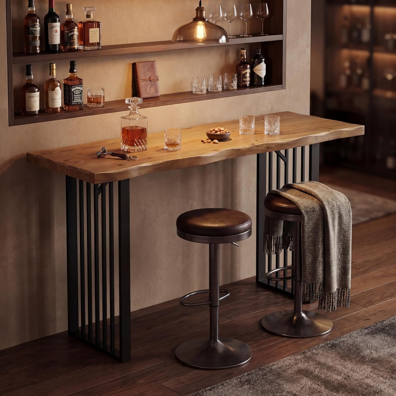 63" Solid Wood Bar Table, Rectangular Counter Height Pub Table with Metal Frame for Home Bar