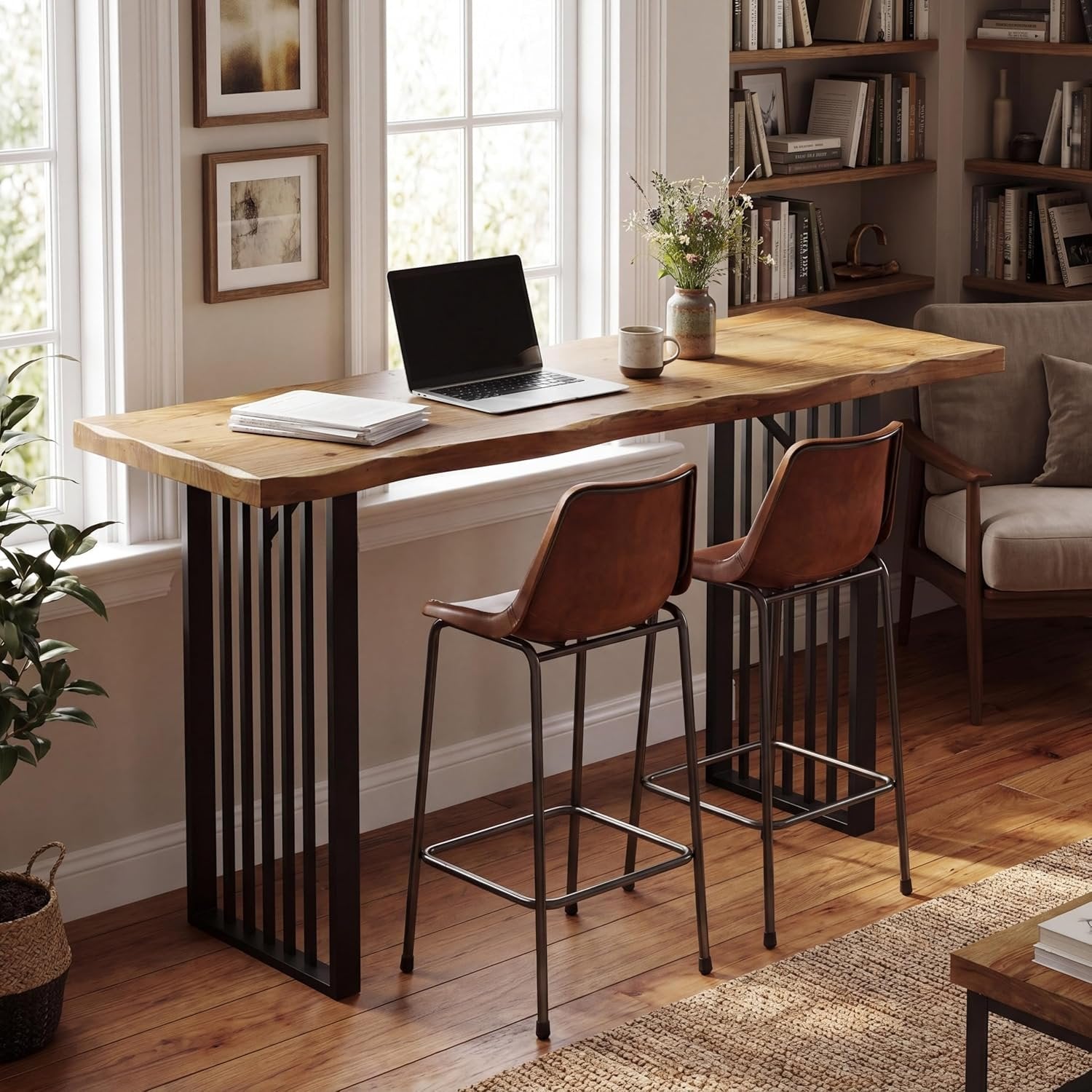 63" Solid Wood Bar Table, Rectangular Counter Height Pub Table with Metal Frame for Home Bar
