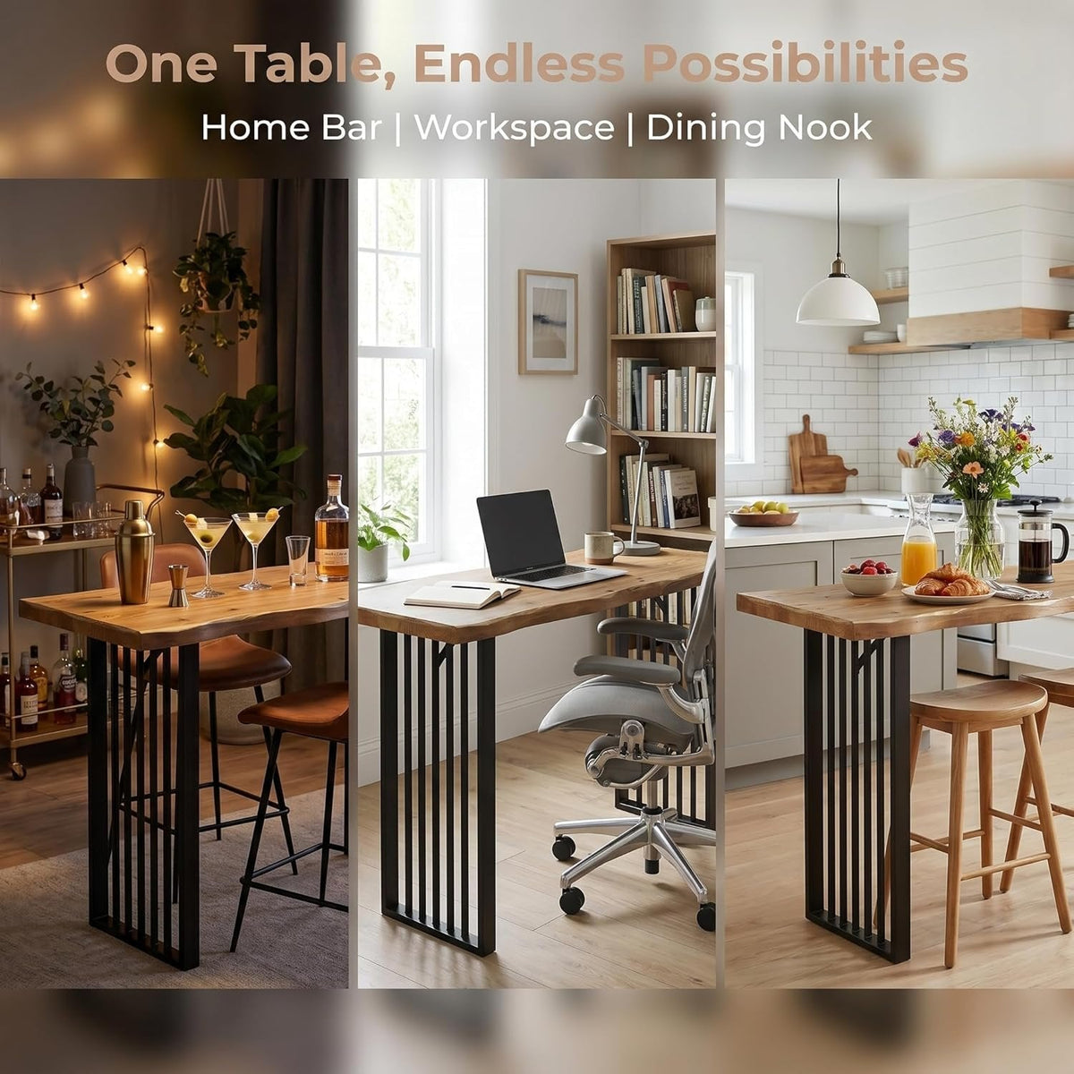 63" Solid Wood Bar Table, Rectangular Counter Height Pub Table with Metal Frame for Home Bar