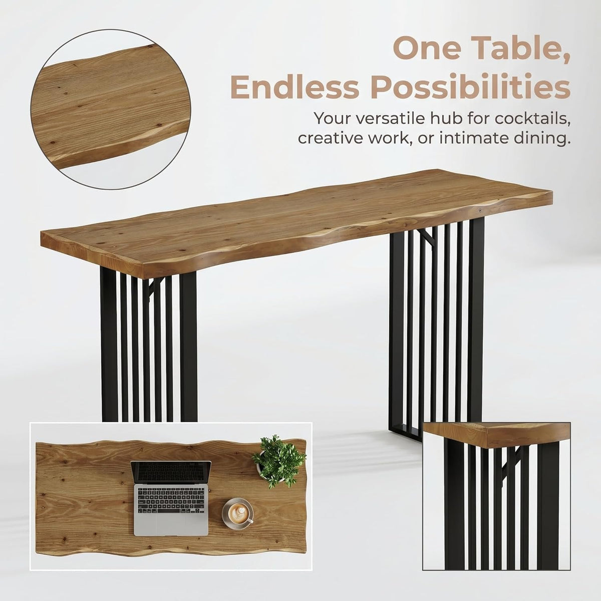63" Solid Wood Bar Table, Rectangular Counter Height Pub Table with Metal Frame for Home Bar
