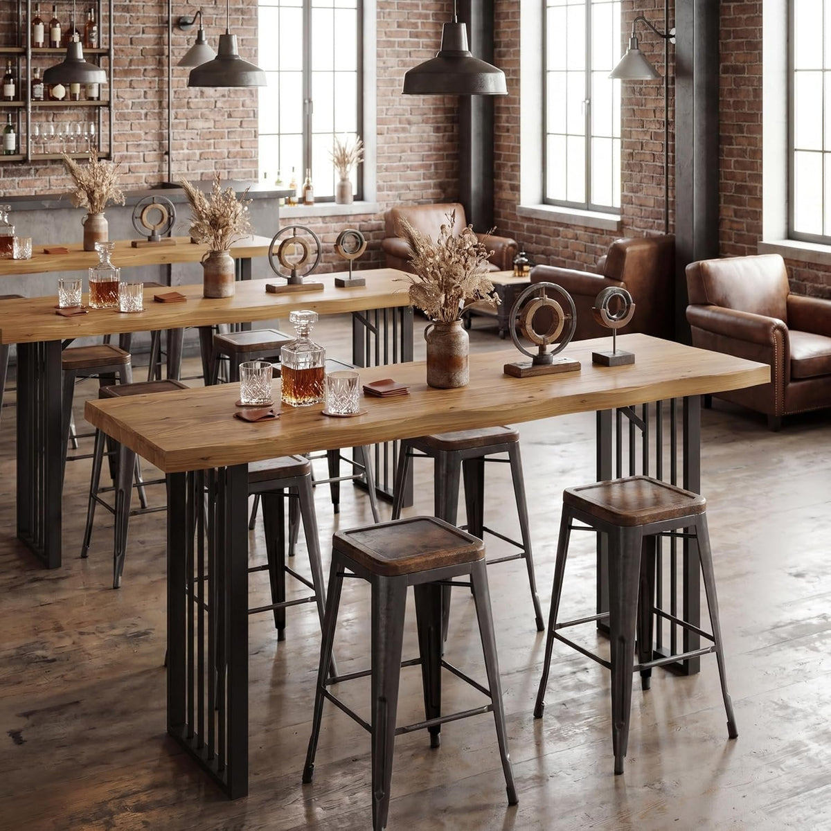 63" Solid Wood Bar Table, Rectangular Counter Height Pub Table with Metal Frame for Home Bar