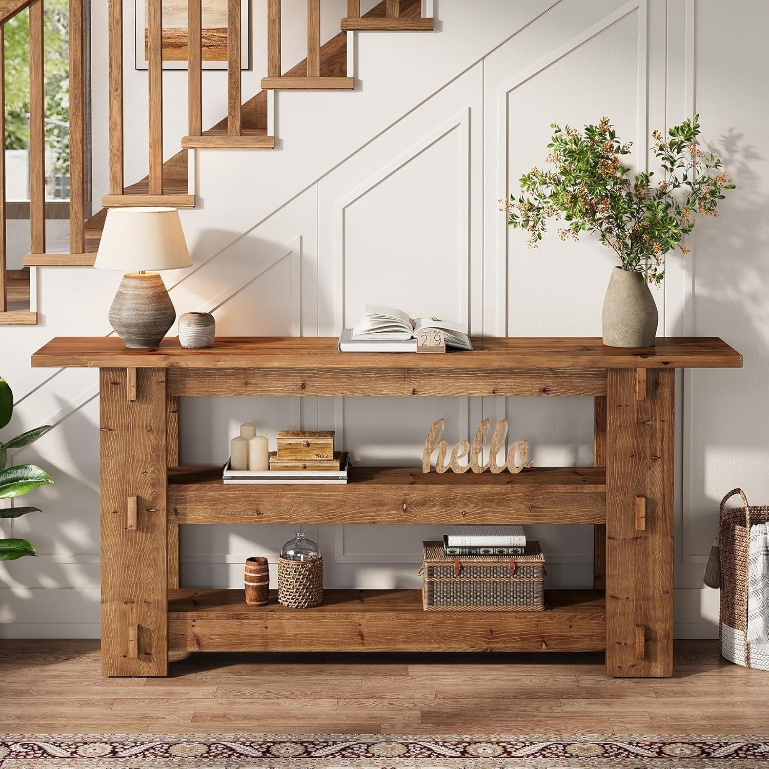 63" Solid Wood Console Table, Farmhouse Sofa Table Behind Couch with 3-Tier Shelves
