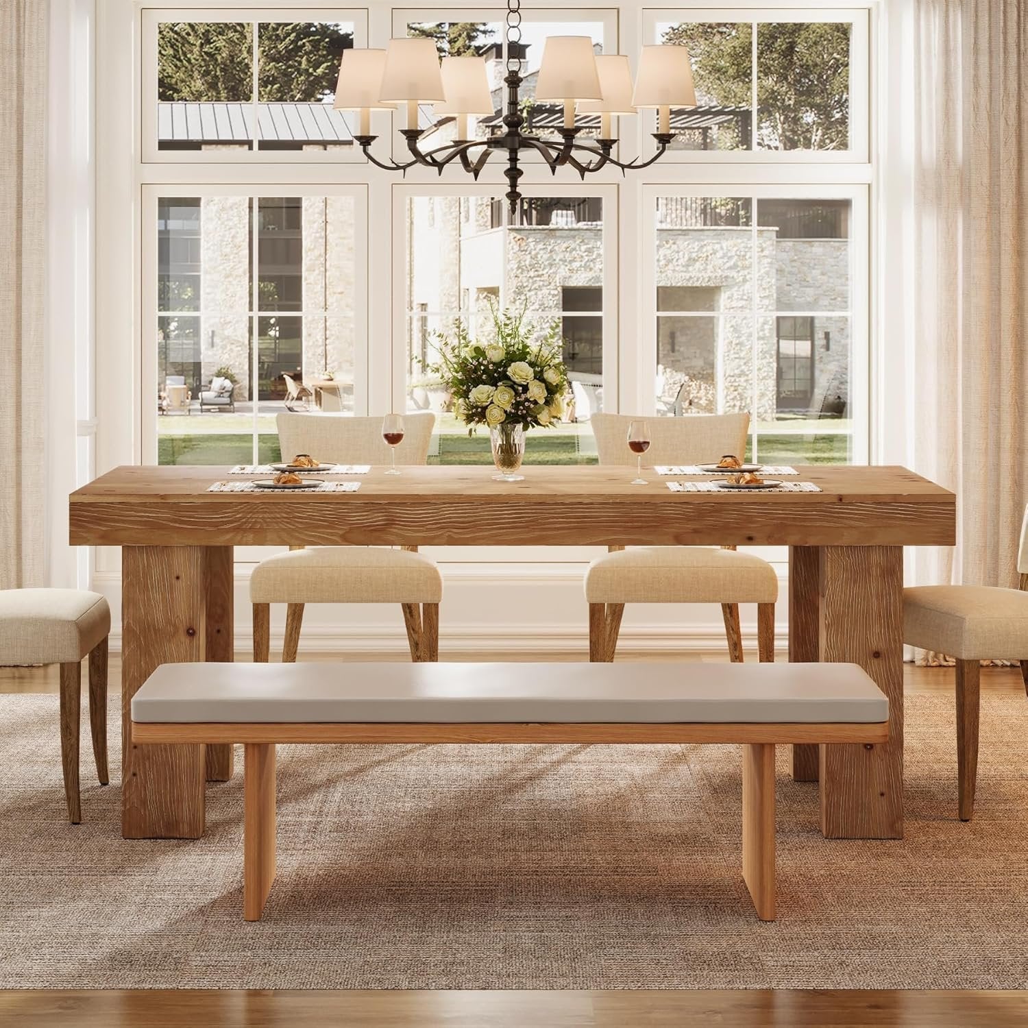 63" Solid Wood Dining Table, Farmhouse Kitchen Table with Heavy Duty Legs for 4-6