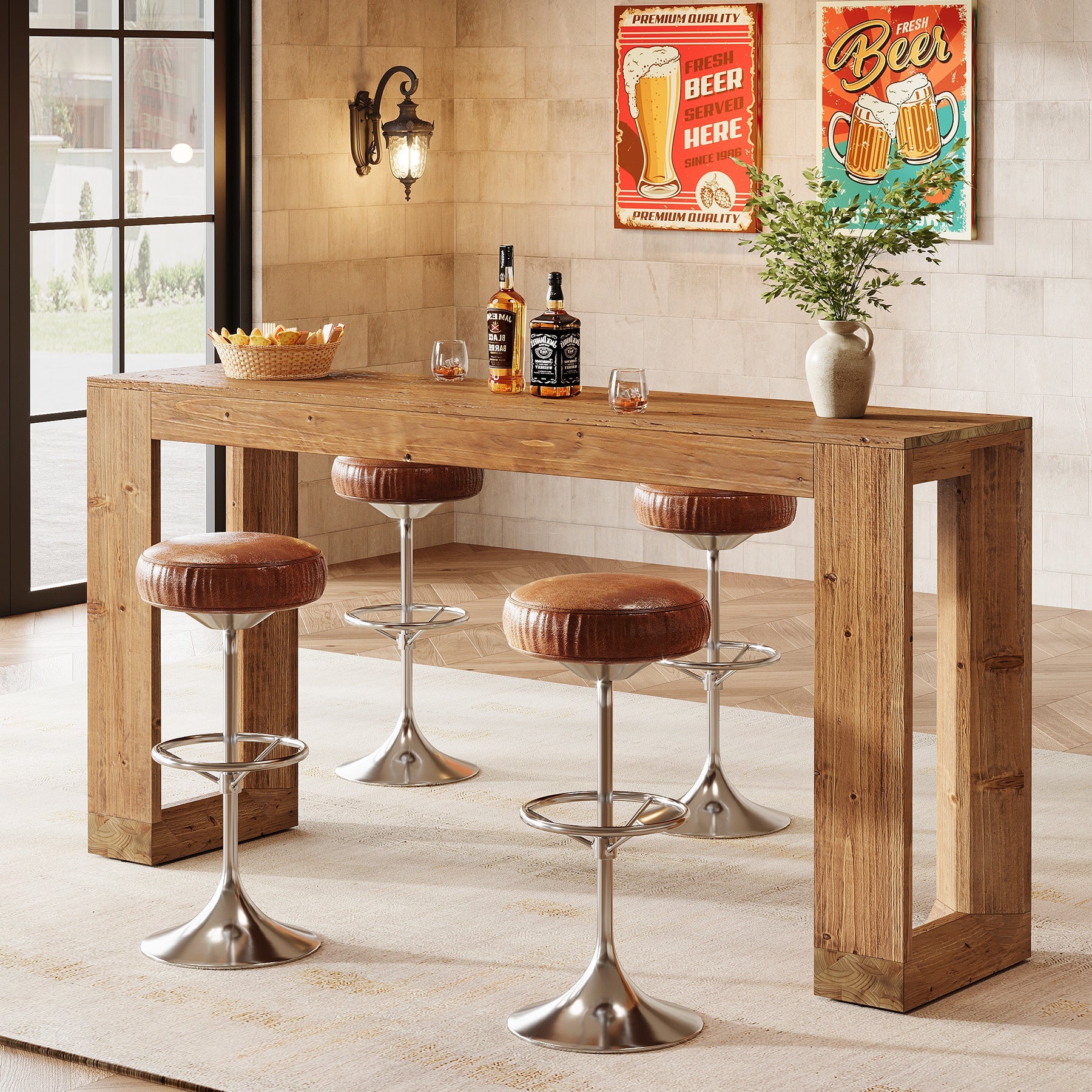 63" Wood Bar Table, Farmhouse Counter Height Pub Table Coffee Bar Units