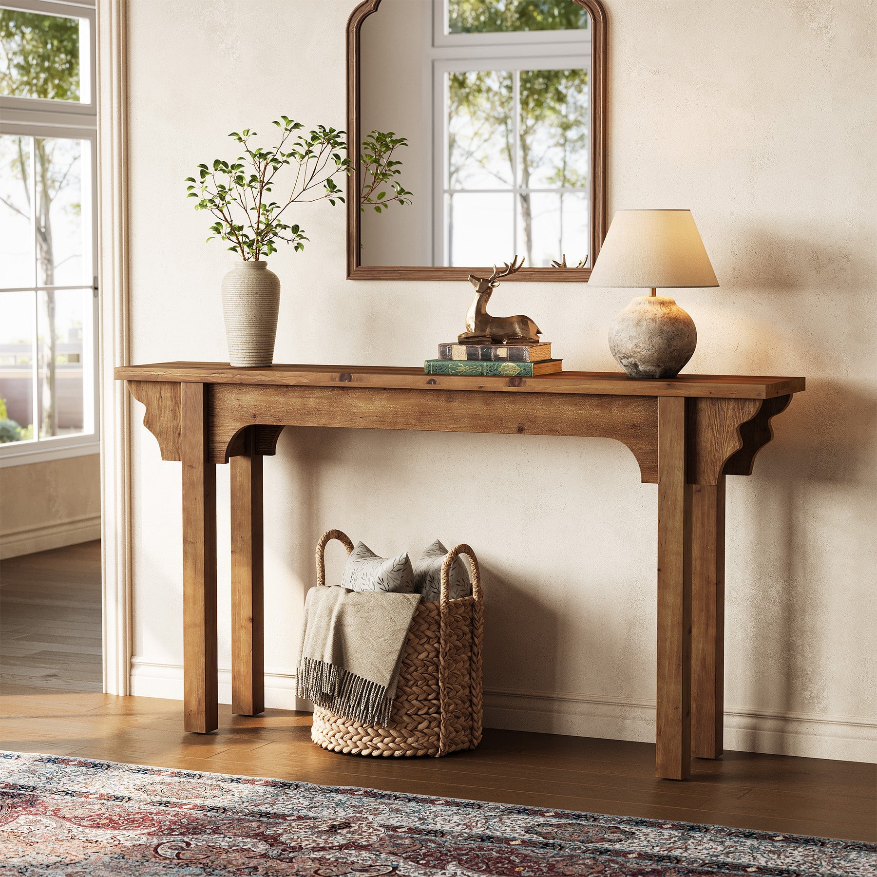 63" Wood Console Table, Mid-Century Entryway Table Sofa Table for Hallway