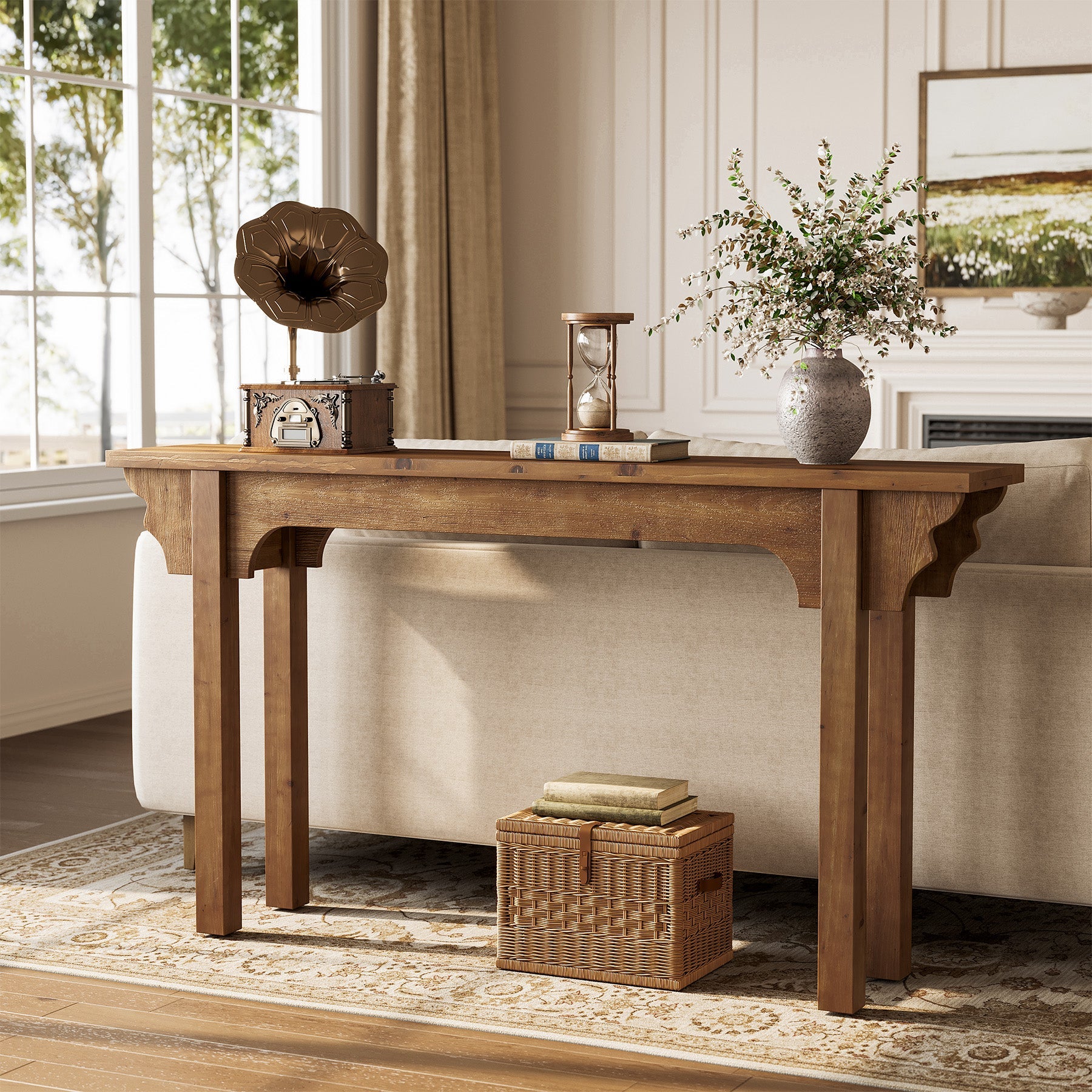 63" Wood Console Table, Mid-Century Entryway Table Sofa Table for Hallway