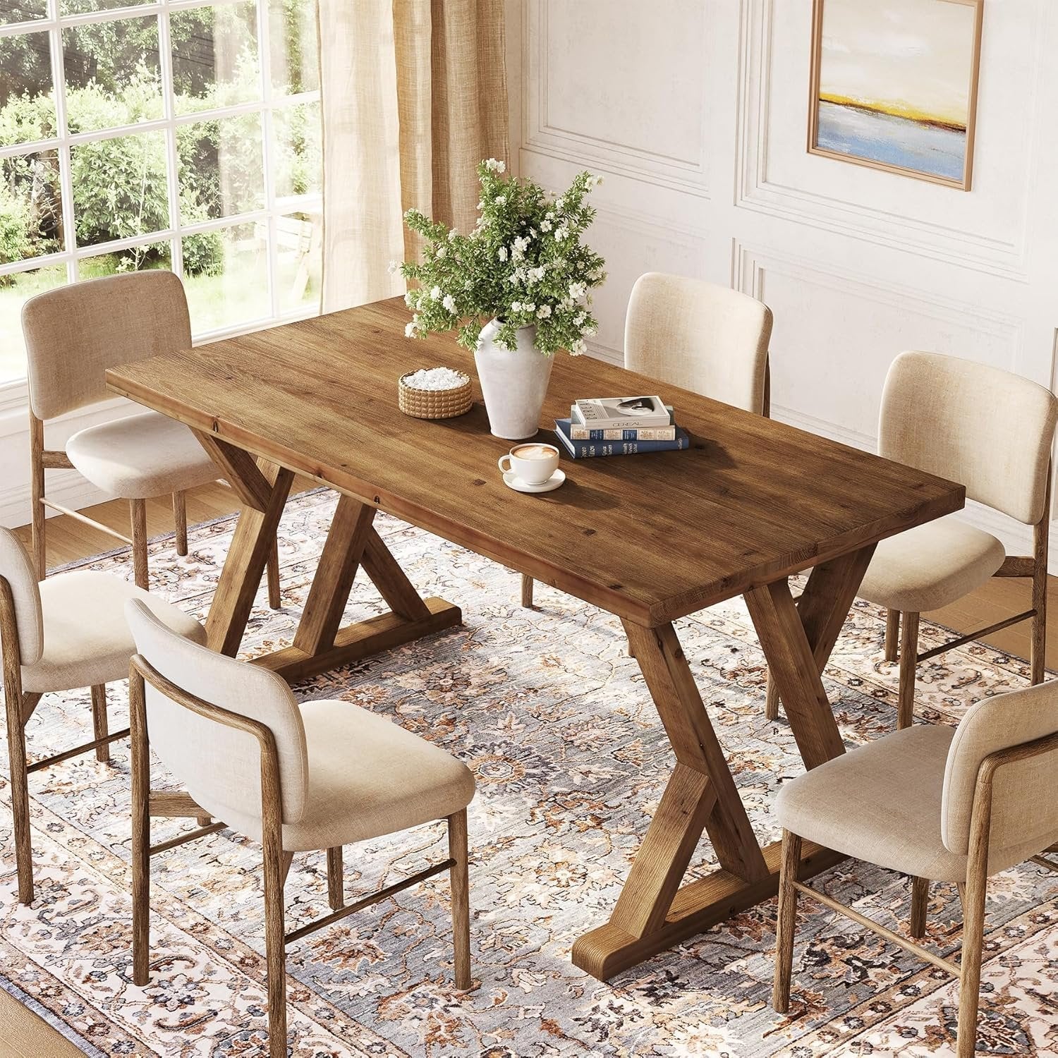 63" Wood Dining Table, Farmhouse Kitchen Dinner Table for 4-6 People